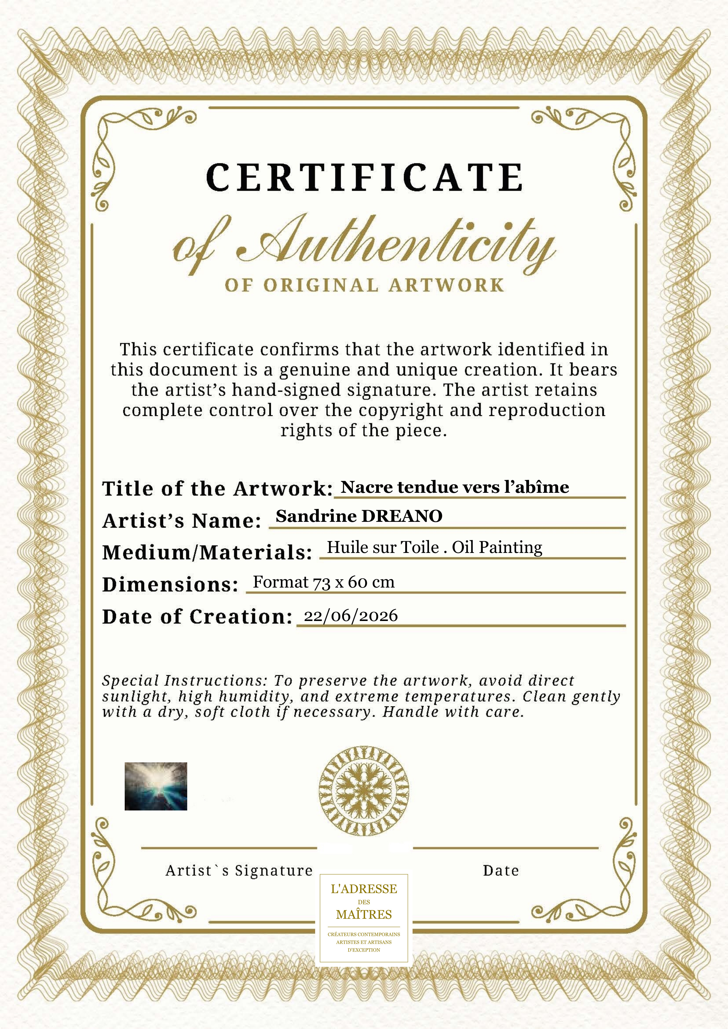 Certificat d'authenticité — Nacre tendue vers l’abîme — Sandrine DREANO