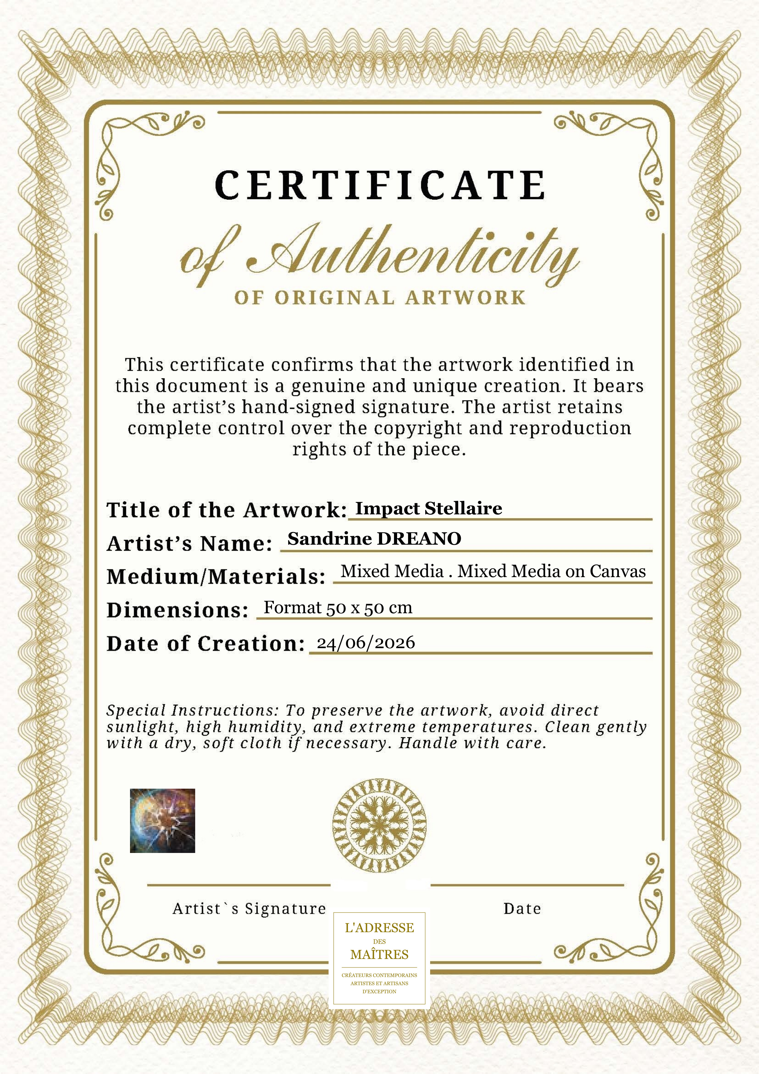 Certificat d'authenticité — Impact Stellaire — Sandrine DREANO