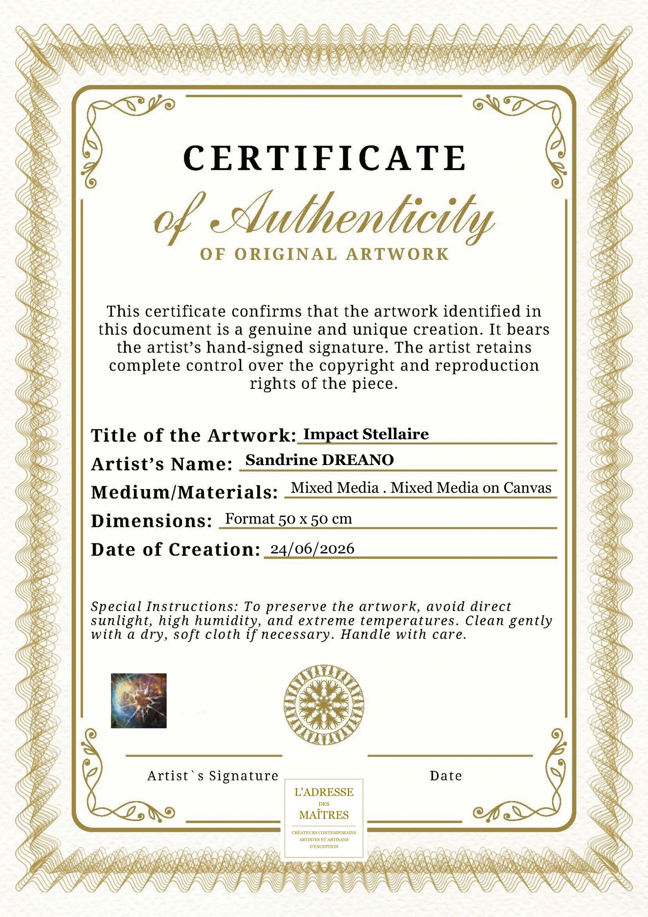 Certificat d'authenticité - Impact Stellaire - Sandrine DREANO