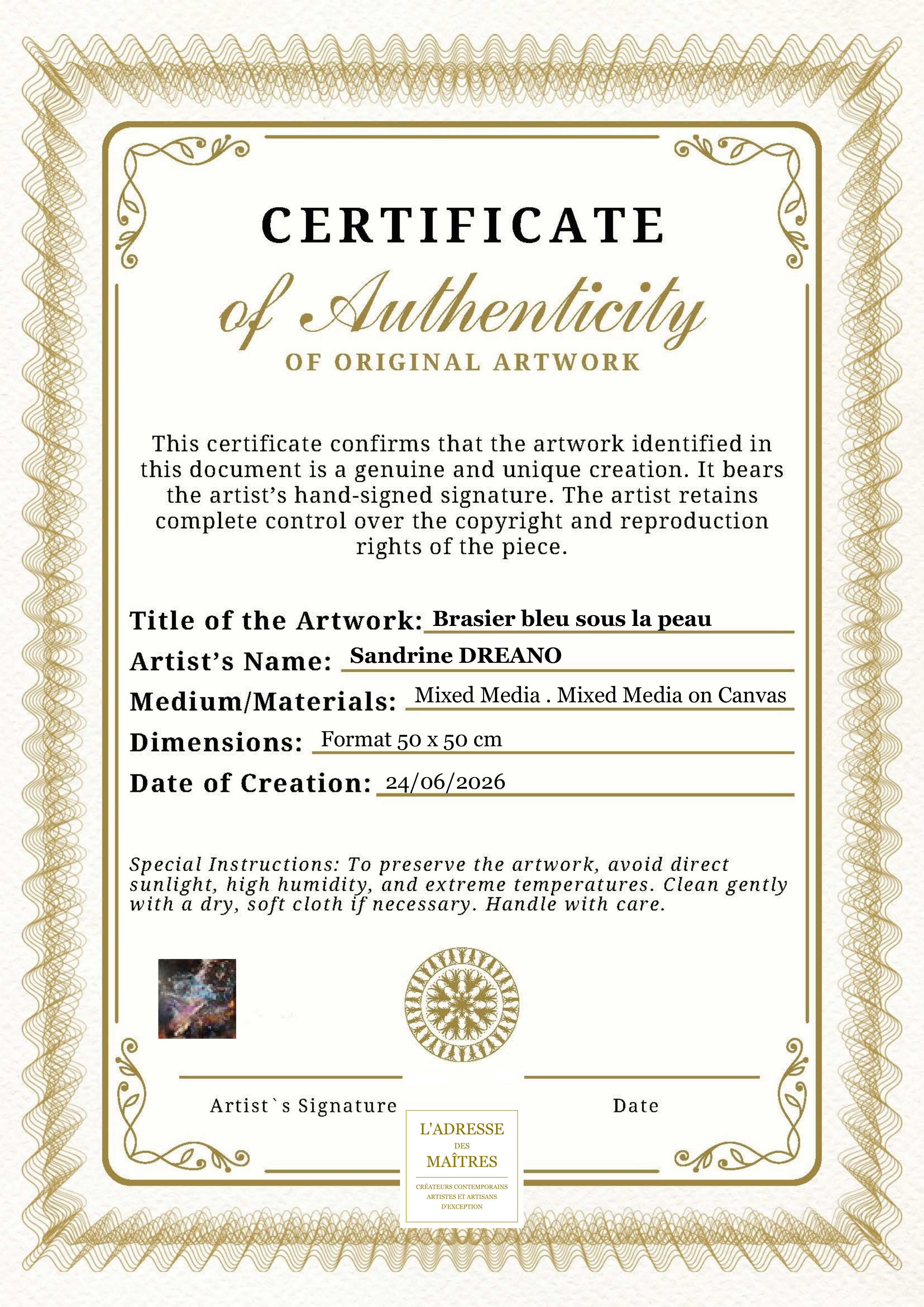 Certificat d'authenticité — Brasier bleu sous la peau — Sandrine DREANO