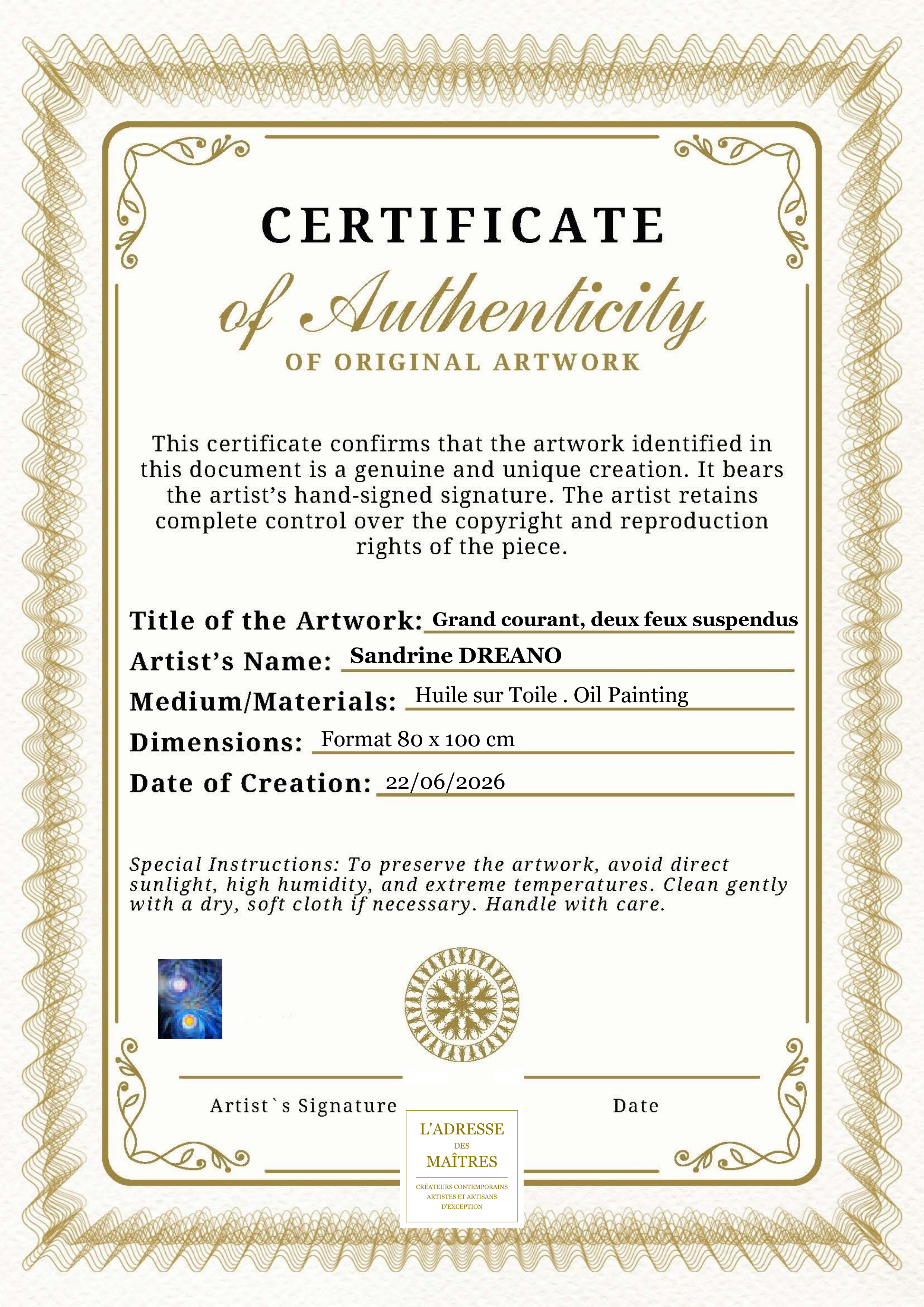 Certificat d'authenticité — Grand courant, deux feux suspendus — Sandrine DREANO
