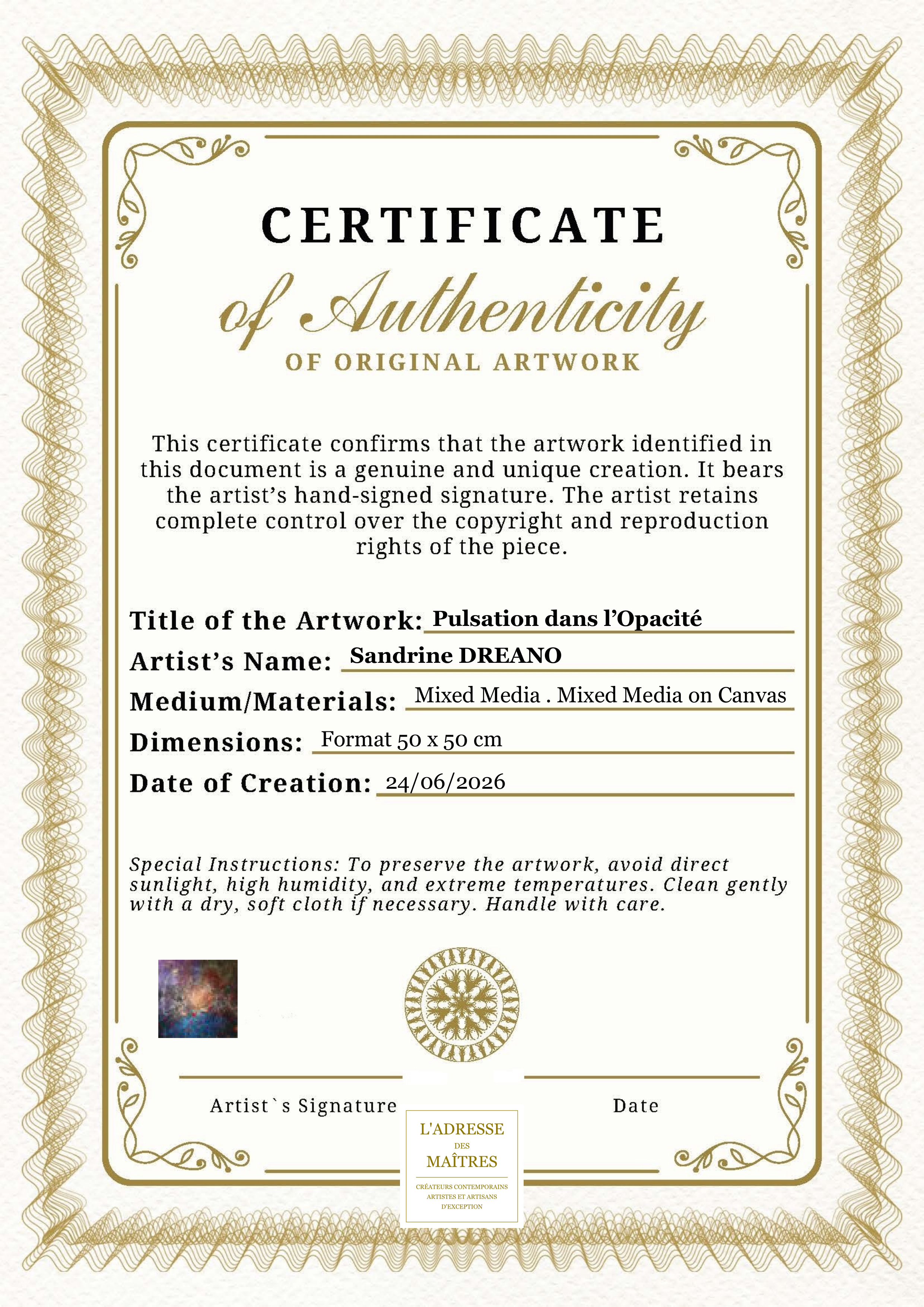 Certificat d'authenticité — Pulsation dans l’Opacité — Sandrine DREANO