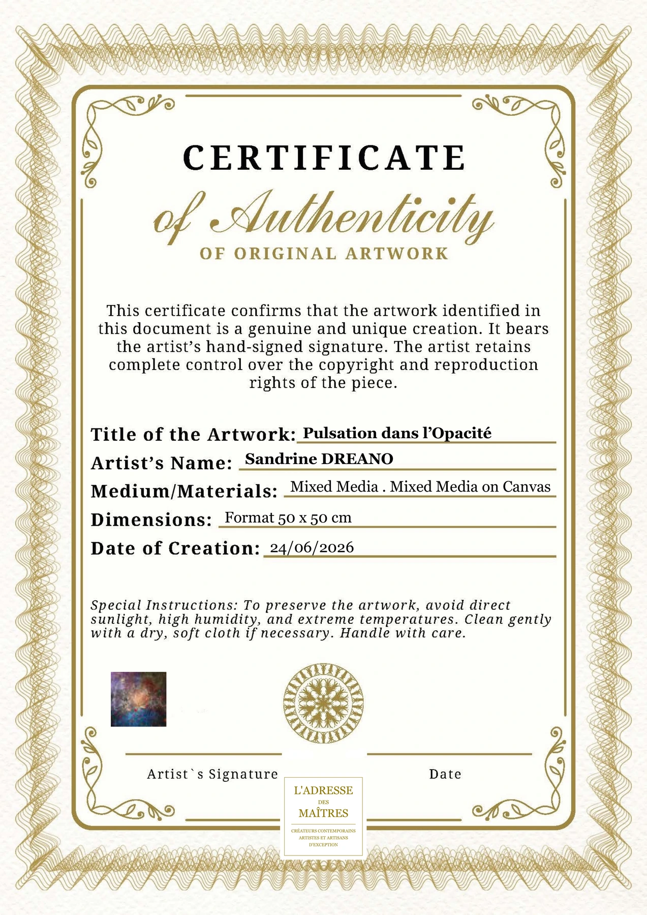 Certificat d'authenticité - Pulsation dans l’Opacité - Sandrine DREANO