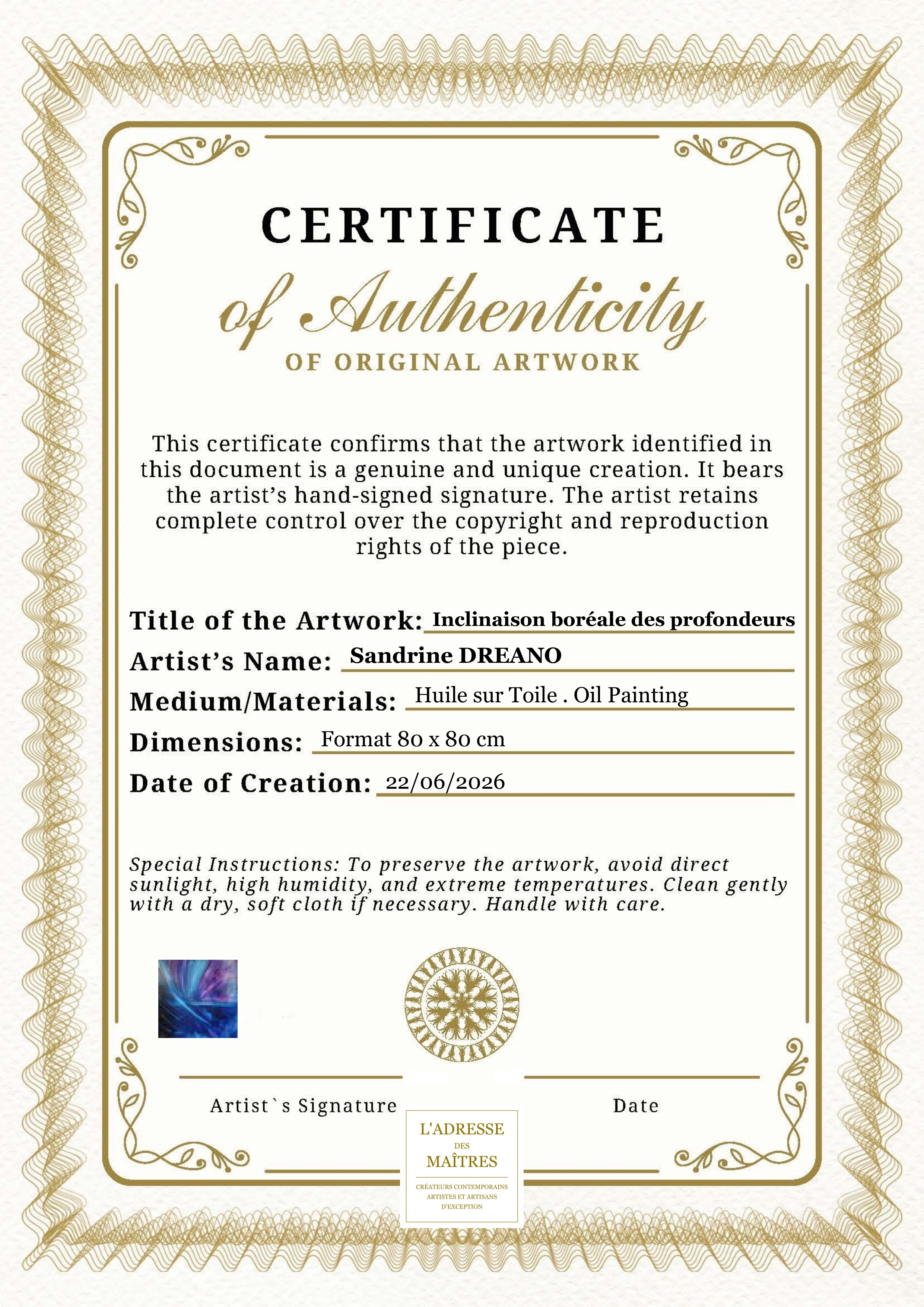 Certificat d'authenticité — Inclinaison boréale des profondeurs — Sandrine DREANO