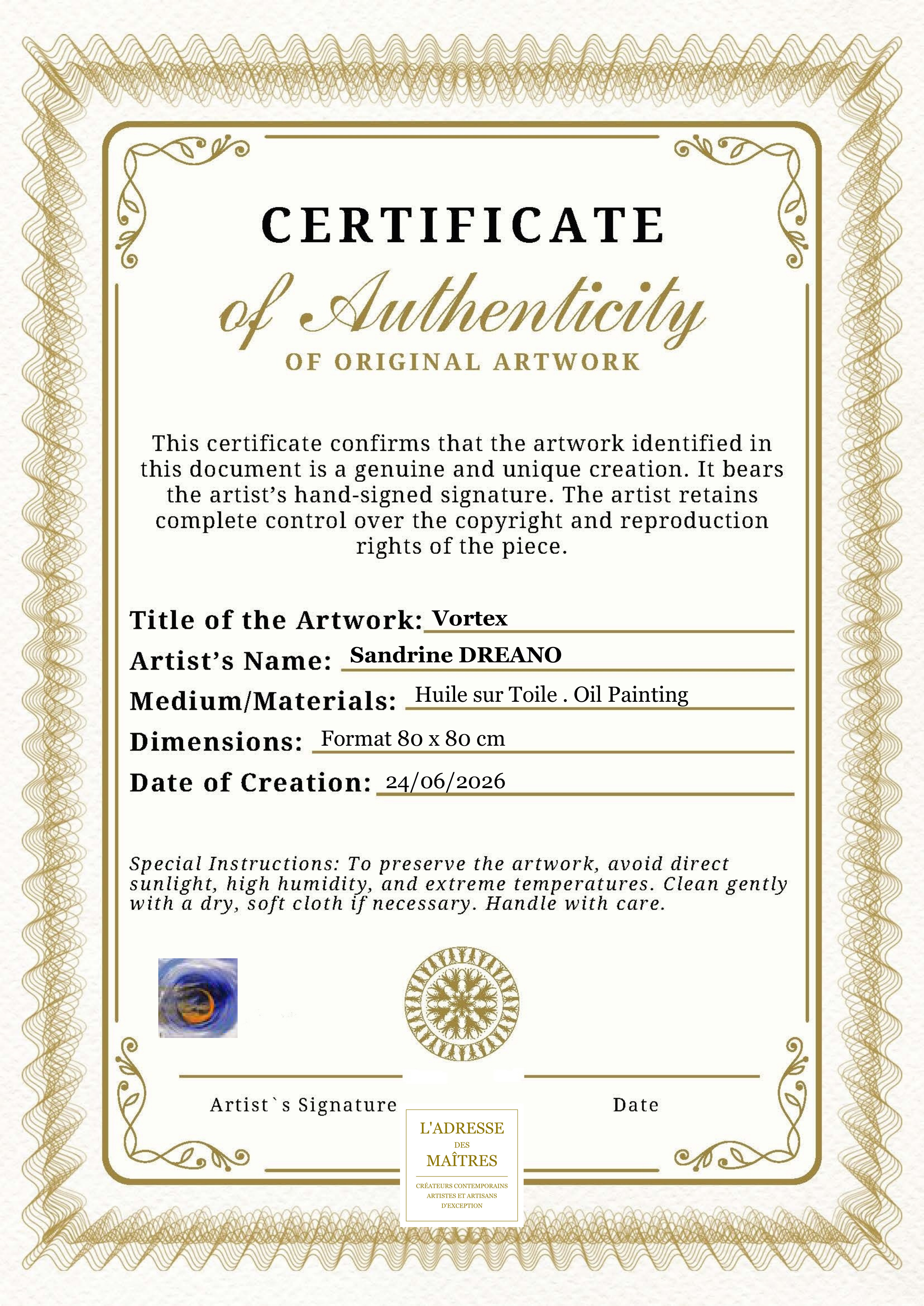 Certificat d'authenticité — Vortex — Sandrine DREANO