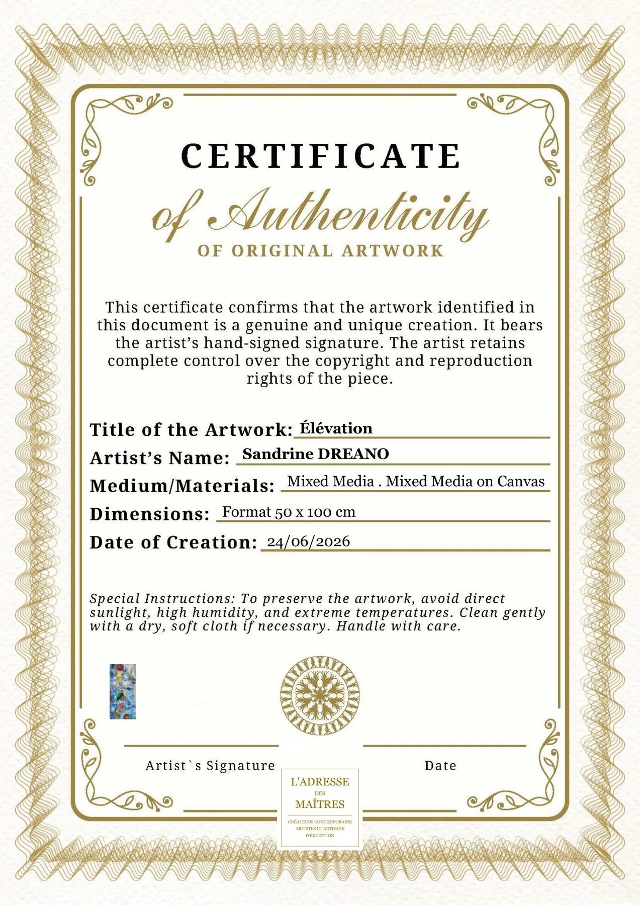 Certificat d'authenticité - Élévation - Sandrine DREANO