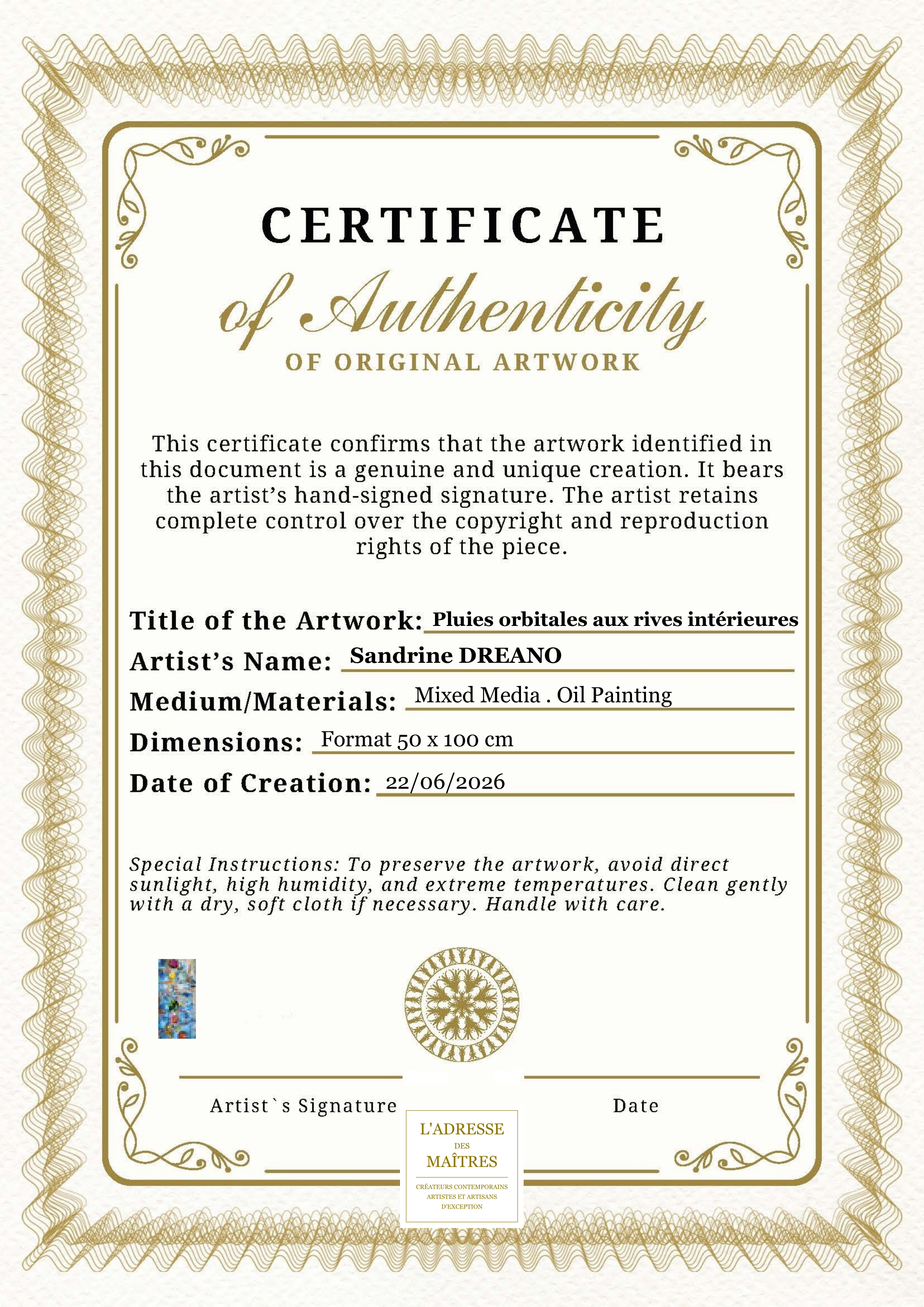 Certificat d'authenticité — Pluies orbitales aux rives intérieures — Sandrine DREANO