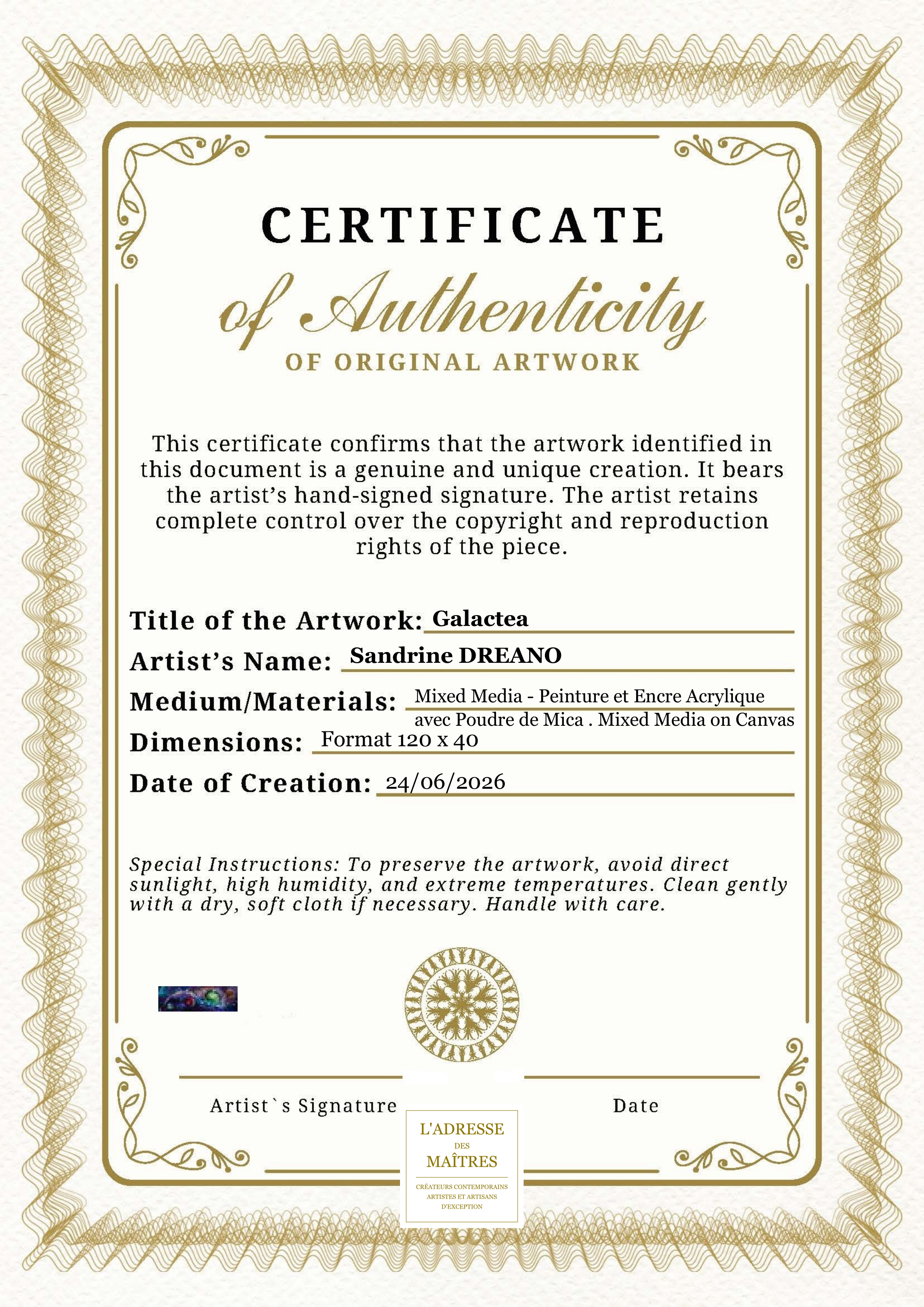 Certificat d'authenticité — Galactea — Sandrine DREANO