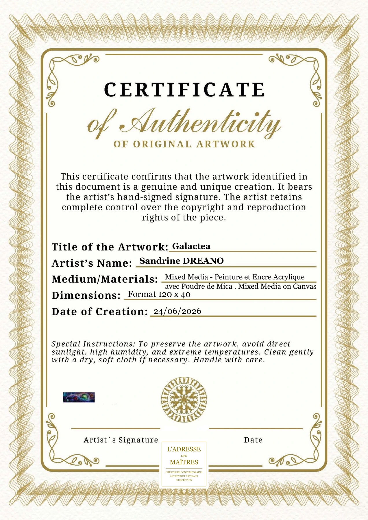 Certificat d'authenticité - Galactea - Sandrine DREANO