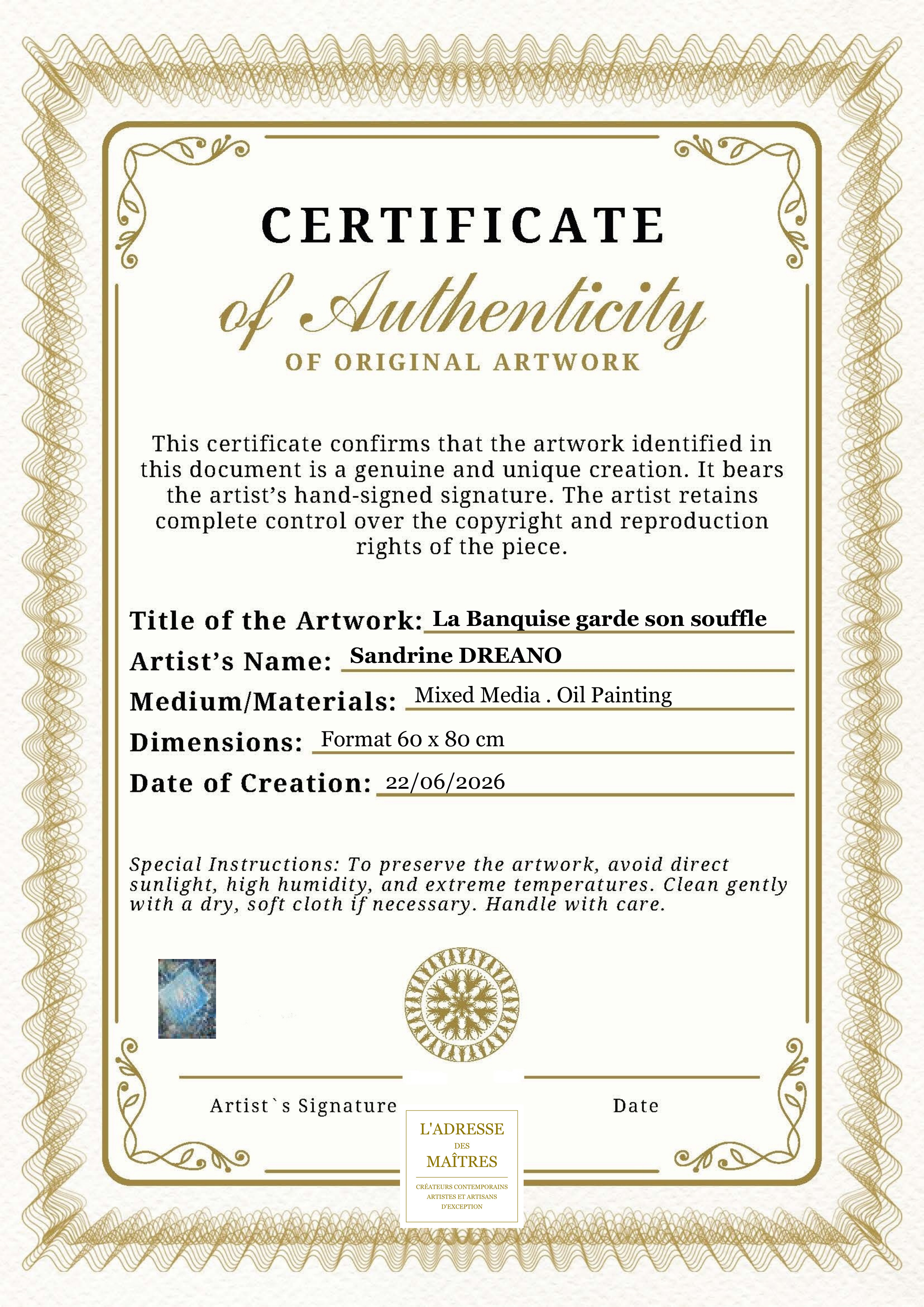 Certificat d'authenticité — La Banquise garde son souffle — Sandrine DREANO