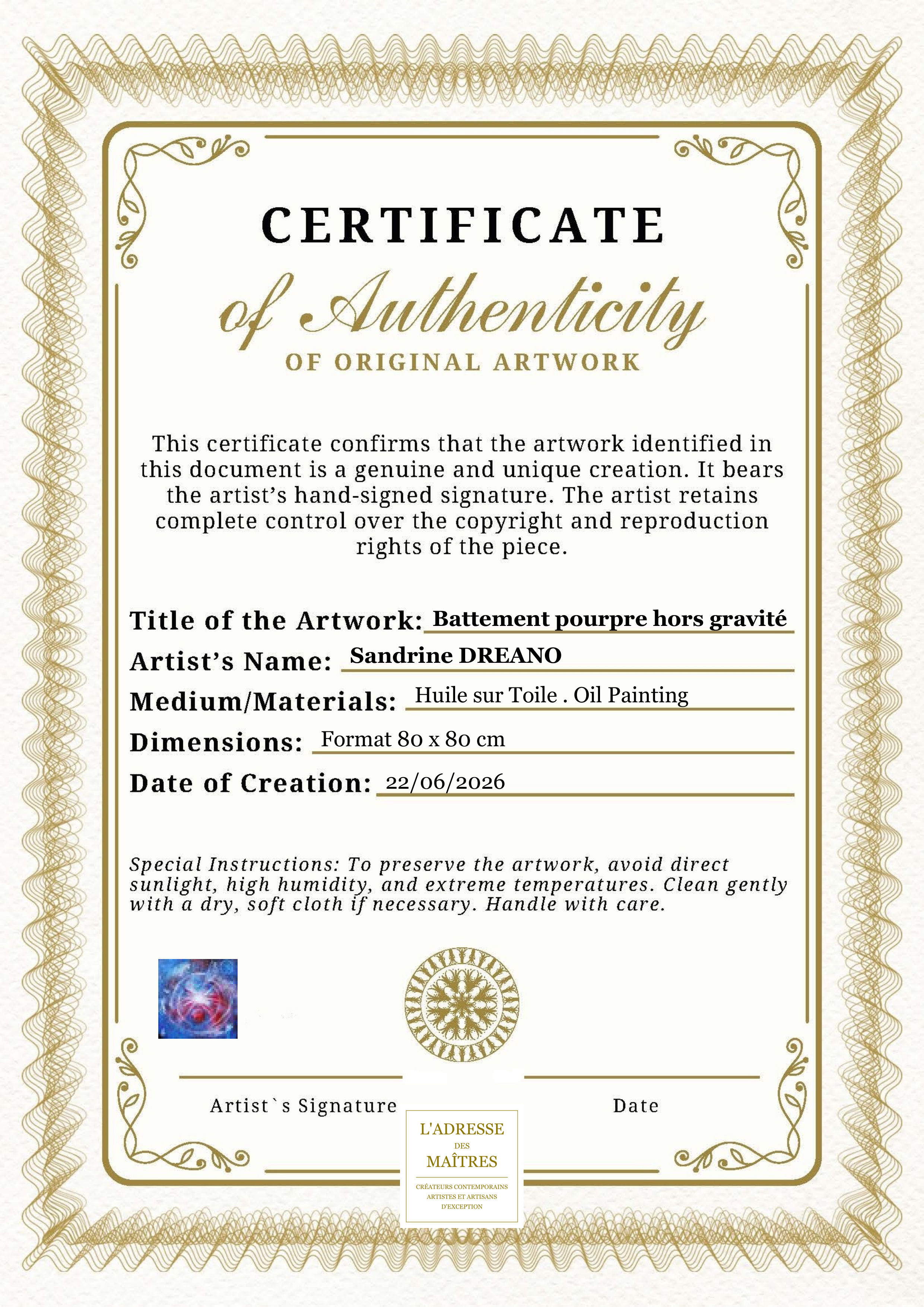 Certificat d'authenticité — Battement pourpre hors gravité — Sandrine DREANO