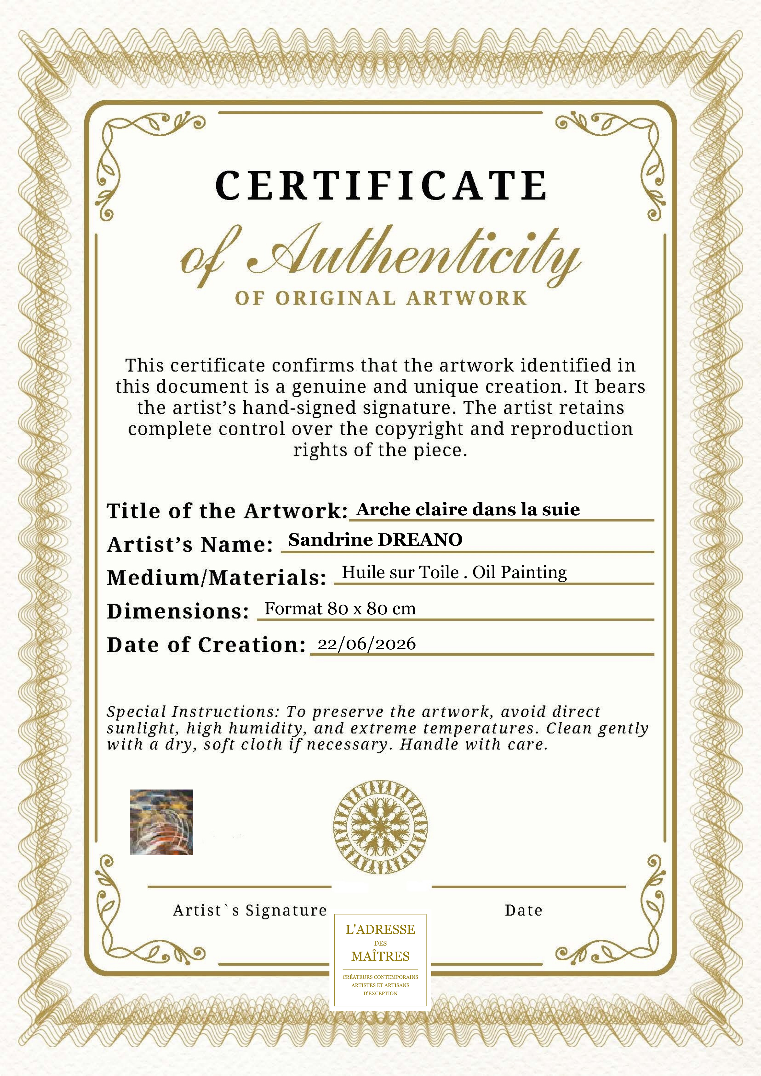 Certificat d'authenticité — Arche claire dans la suie — Sandrine DREANO