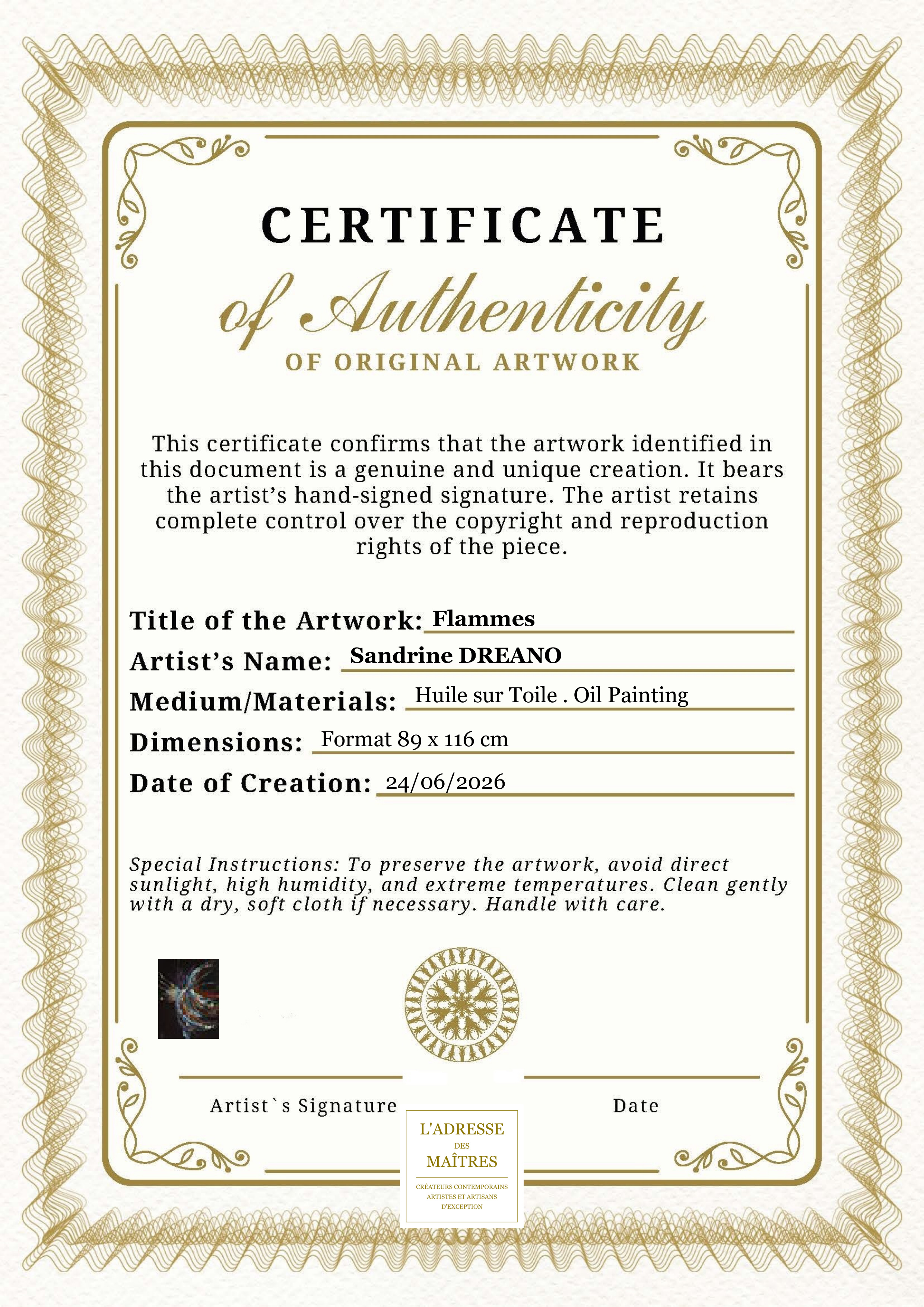 Certificat d'authenticité — Flammes — Sandrine DREANO