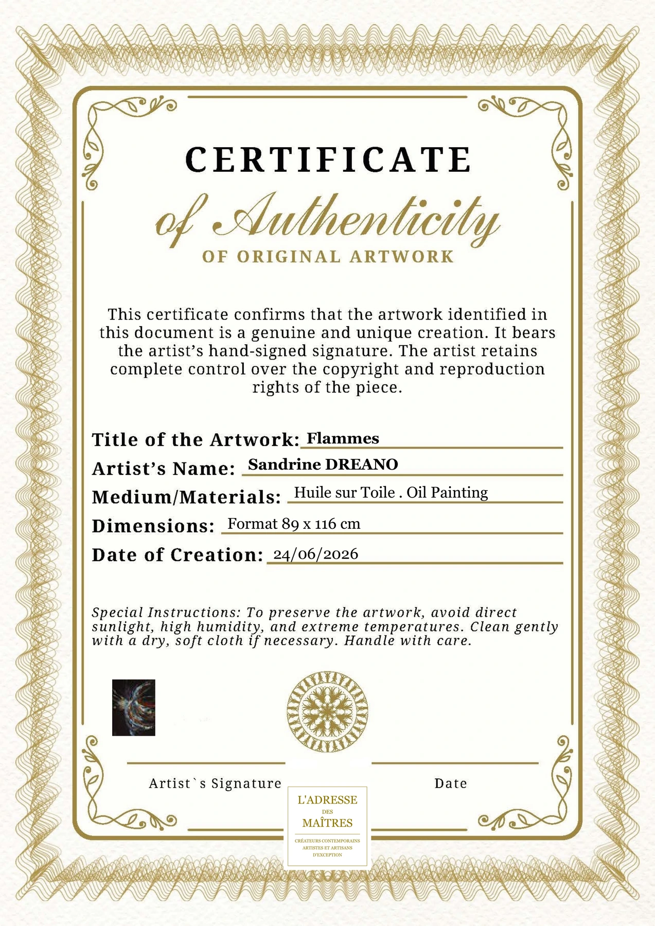 Certificat d'authenticité - Flammes - Sandrine DREANO