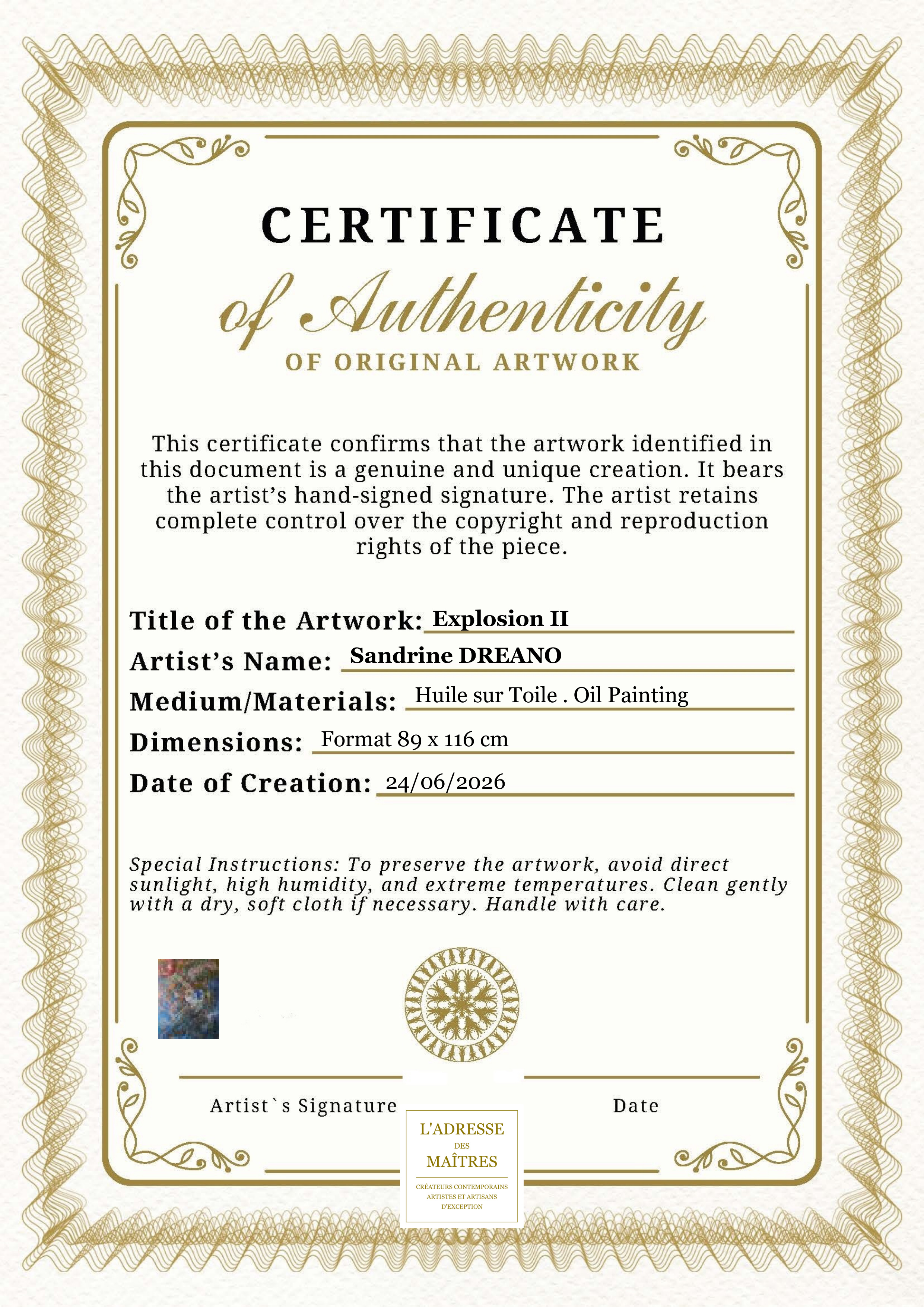 Certificat d'authenticité — Explosion II — Sandrine DREANO