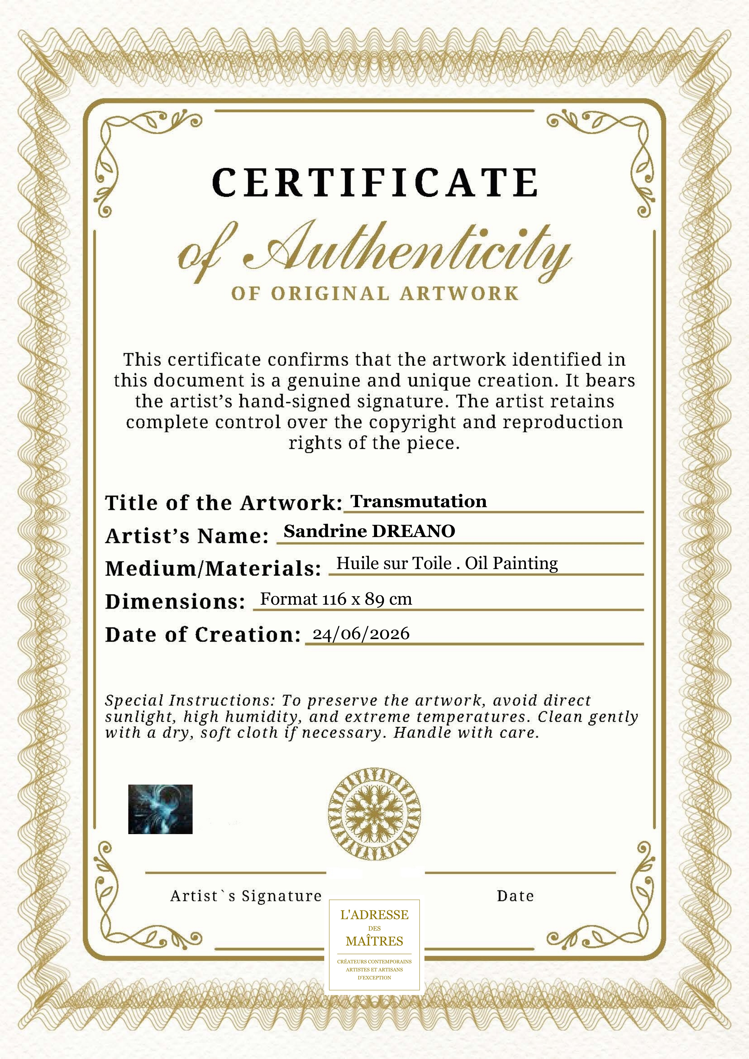 Certificat d'authenticité — Transmutation — Sandrine DREANO
