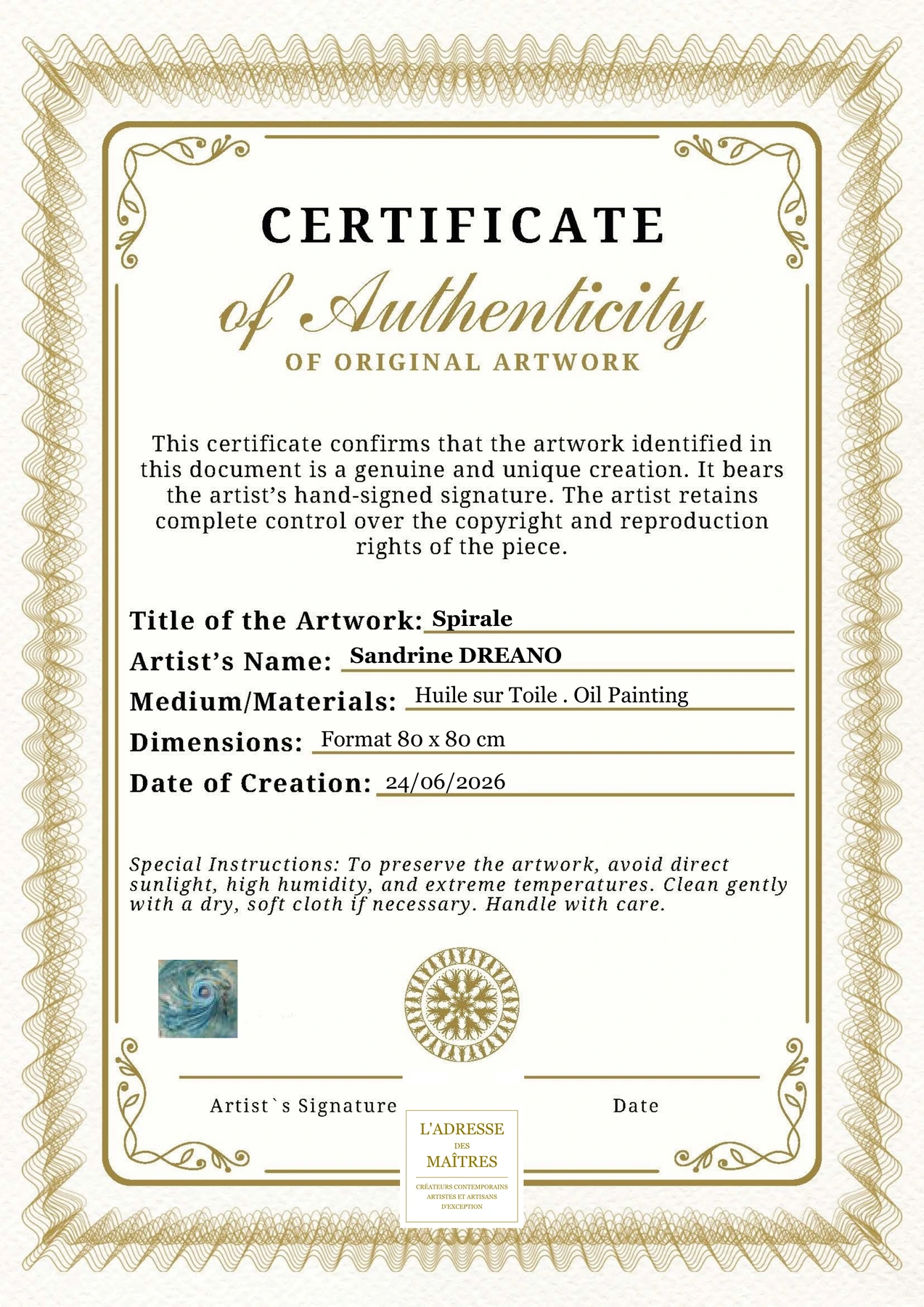 Certificat d'authenticité - Spirale - Sandrine DREANO