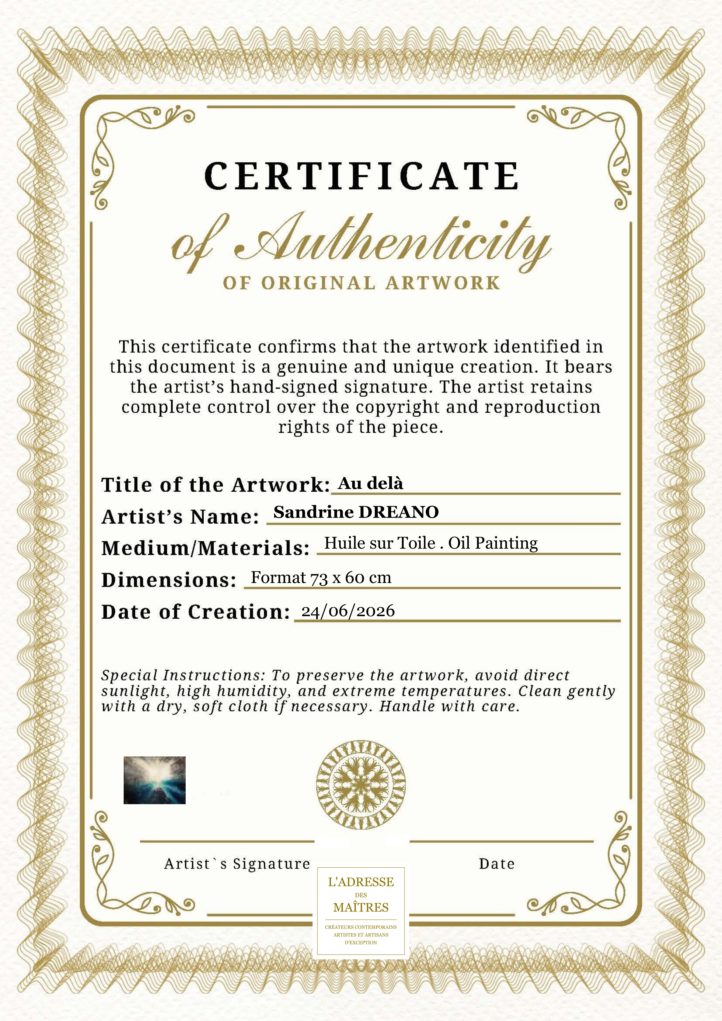 Certificat d'authenticité — Au delà — Sandrine DREANO
