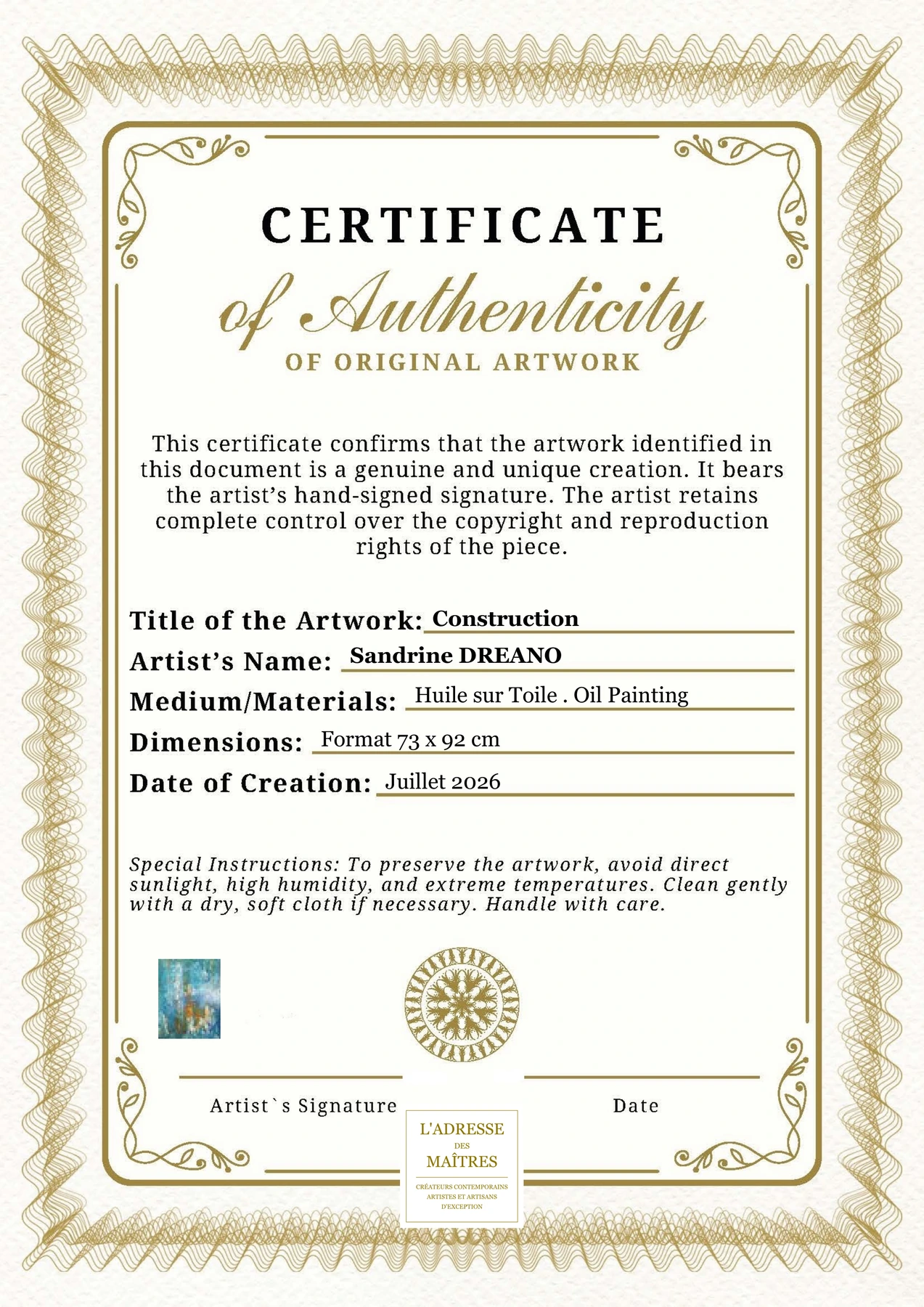 Certificat d'authenticité - Construction - Sandrine DREANO