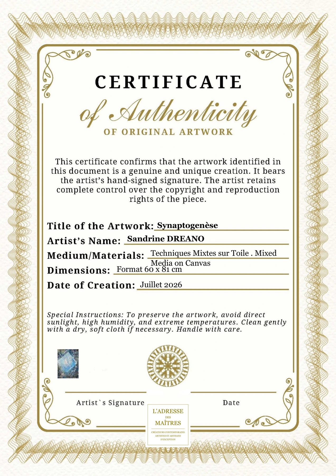 Certificat d'authenticité - Synaptogenèse - Sandrine DREANO