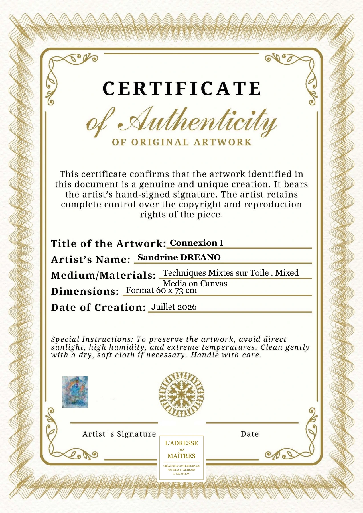 Certificat d'authenticité - Connexion I - Sandrine DREANO
