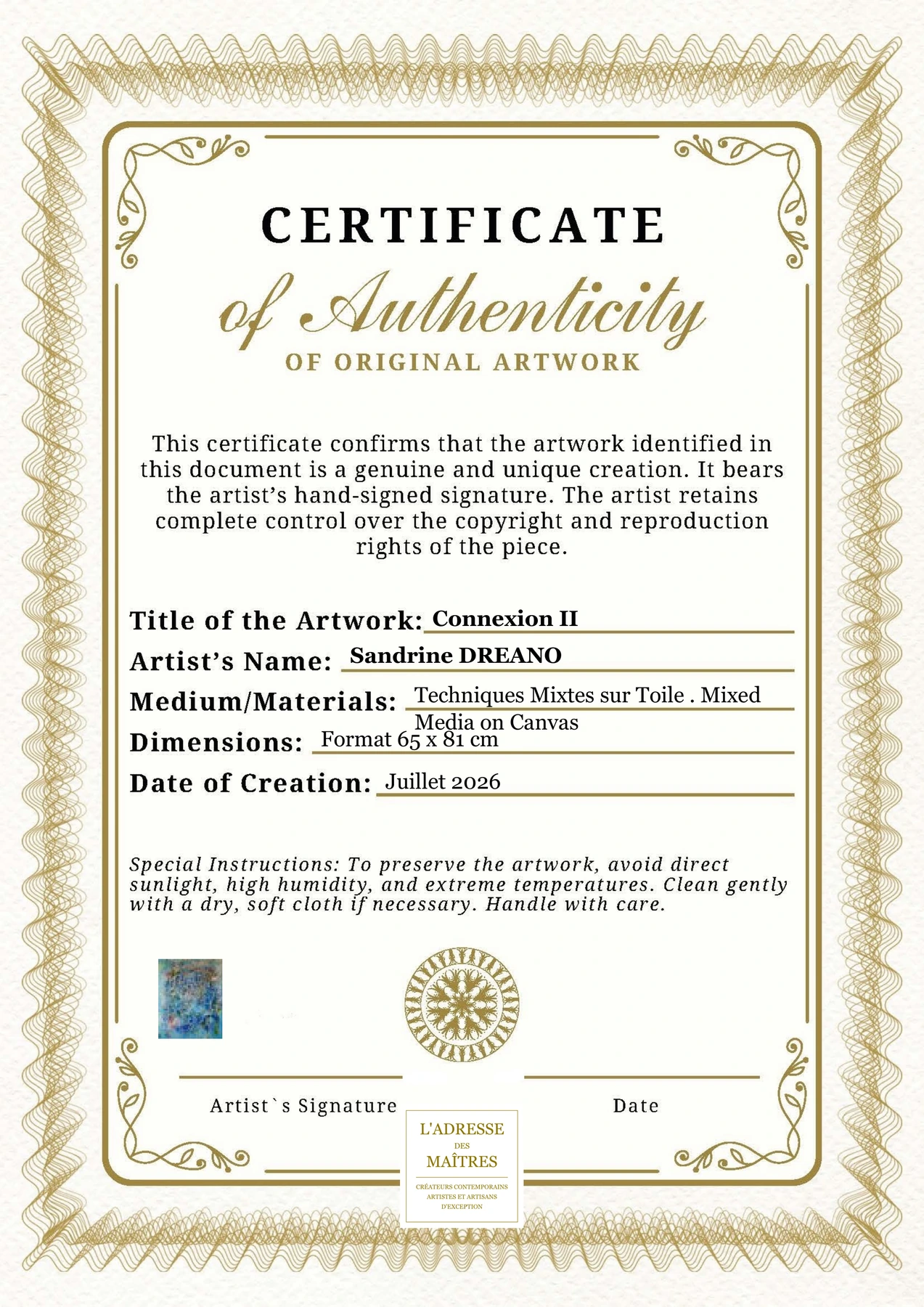 Certificat d'authenticité - Connexion II - Sandrine DREANO