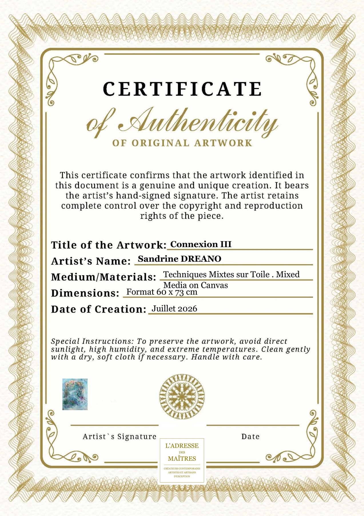 Certificat d'authenticité - Connexion III - Sandrine DREANO