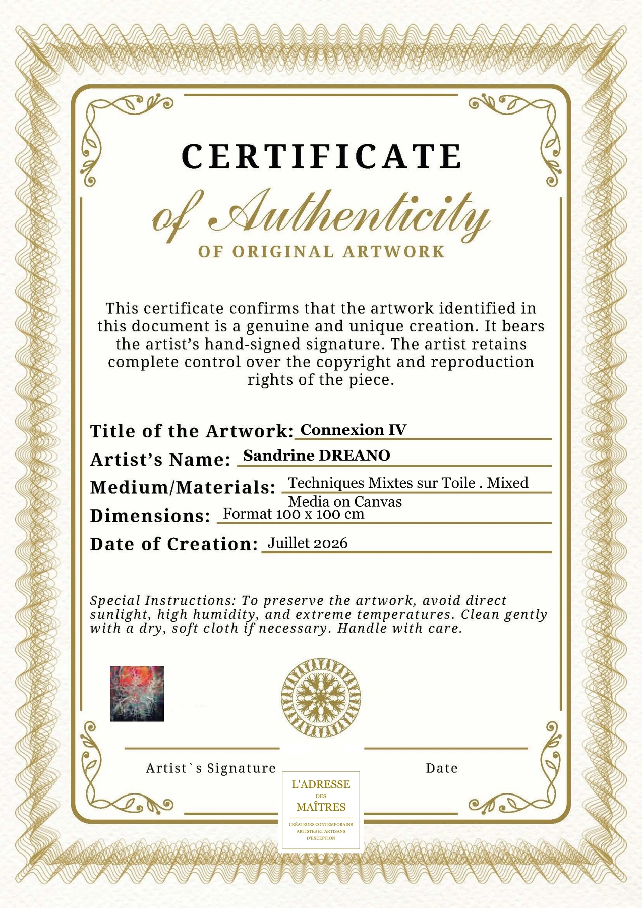 Certificat d'authenticité - Connexion IV - Sandrine DREANO