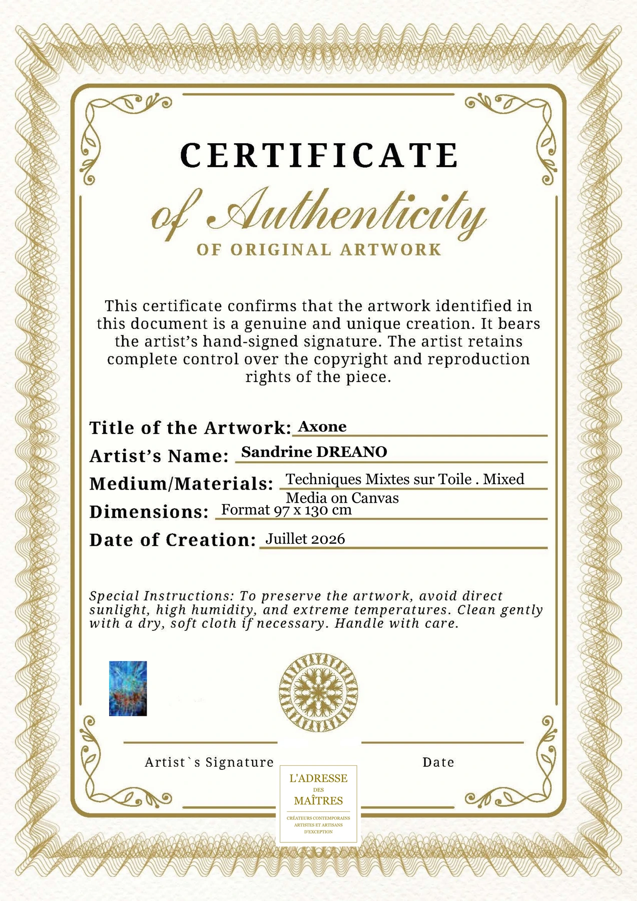 Certificat d'authenticité - Axone - Sandrine DREANO