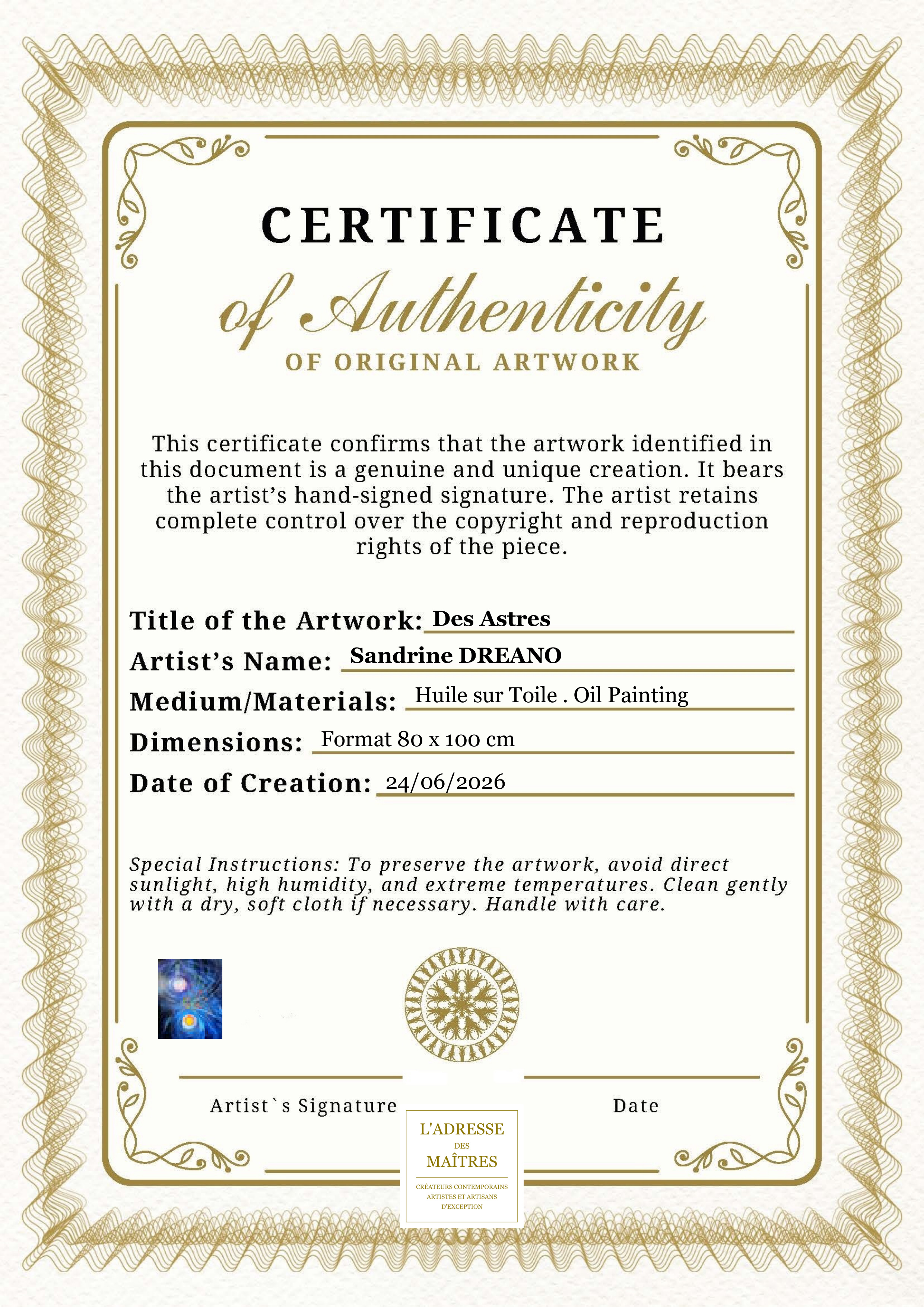 Certificat d'authenticité — Des Astres — Sandrine DREANO