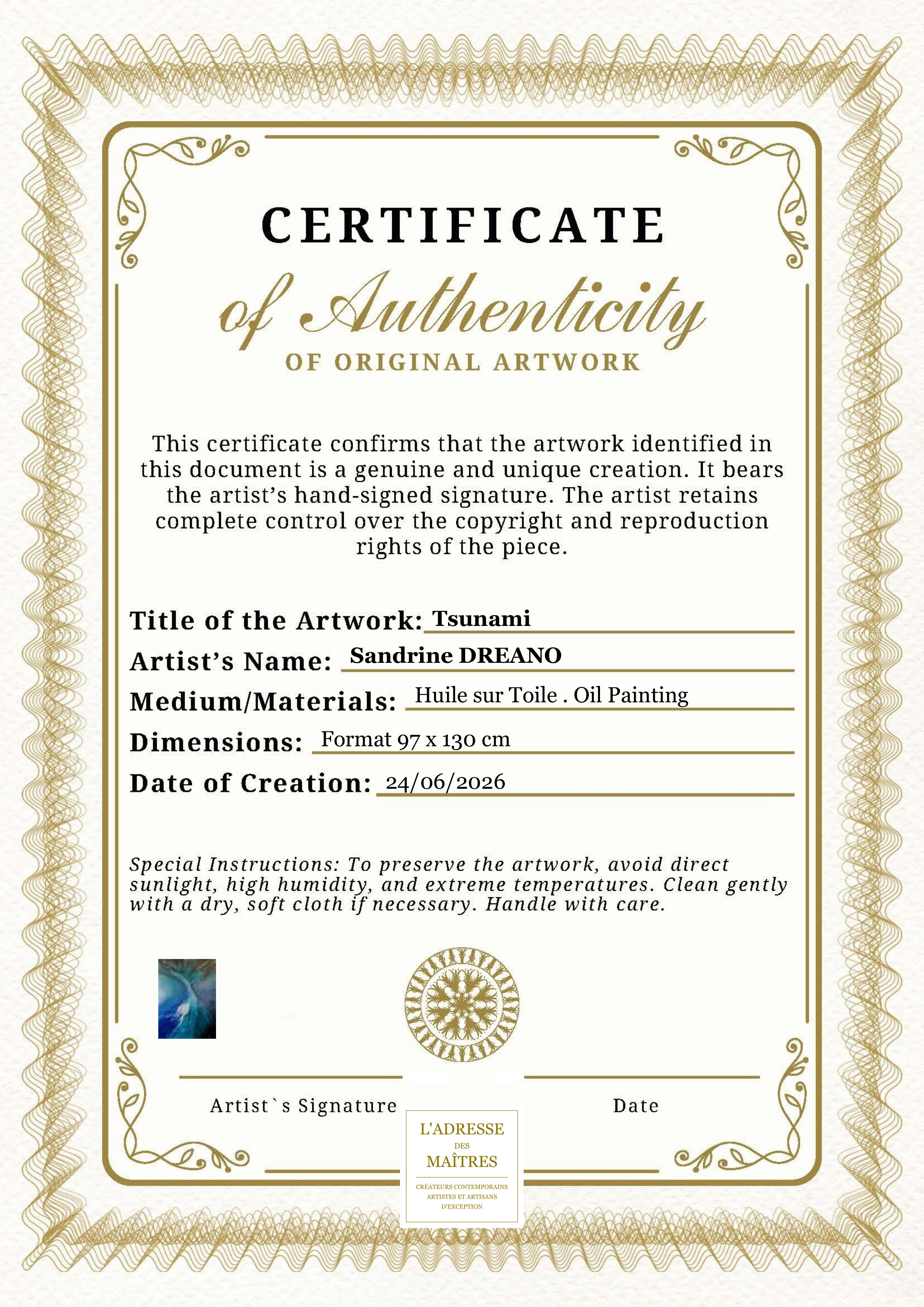Certificat d'authenticité — Tsunami — Sandrine DREANO