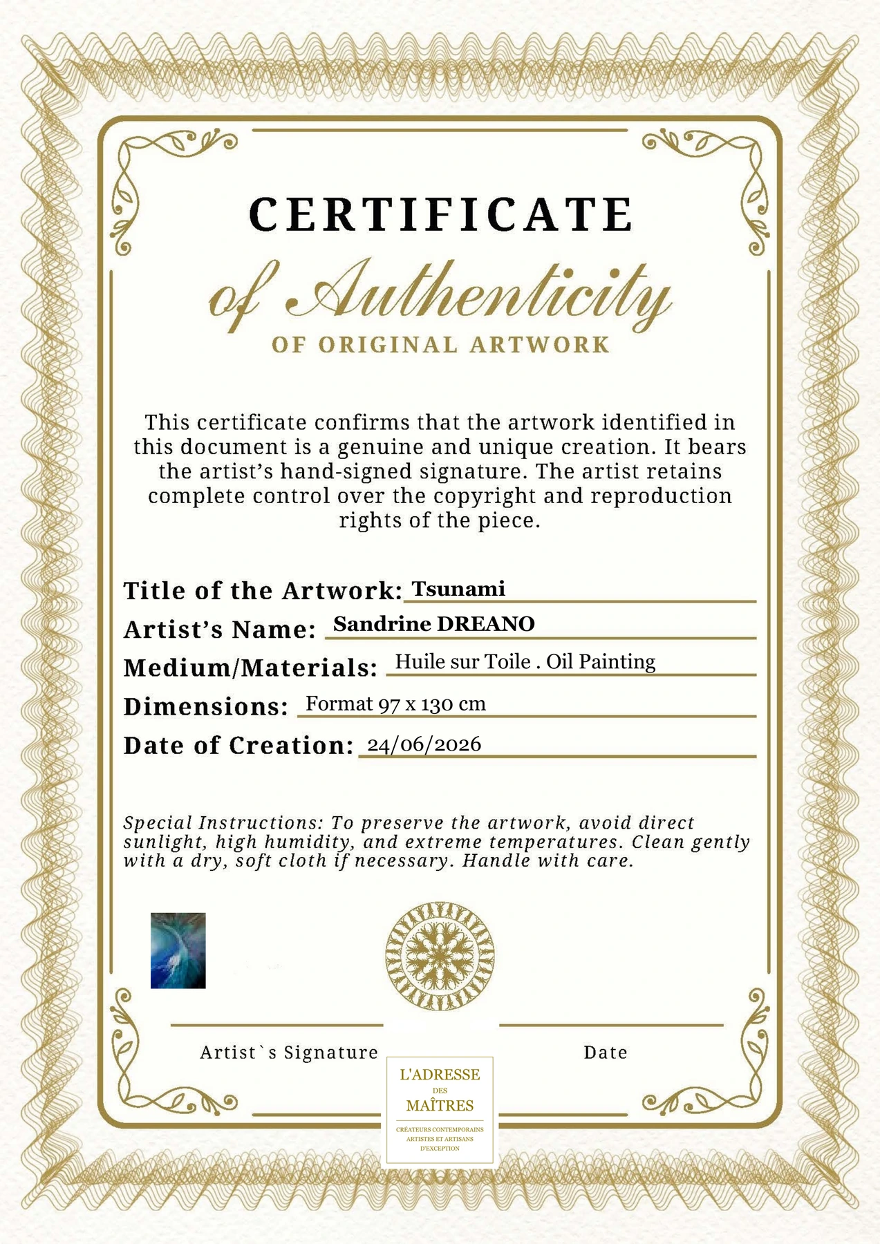 Certificat d'authenticité - Tsunami - Sandrine DREANO