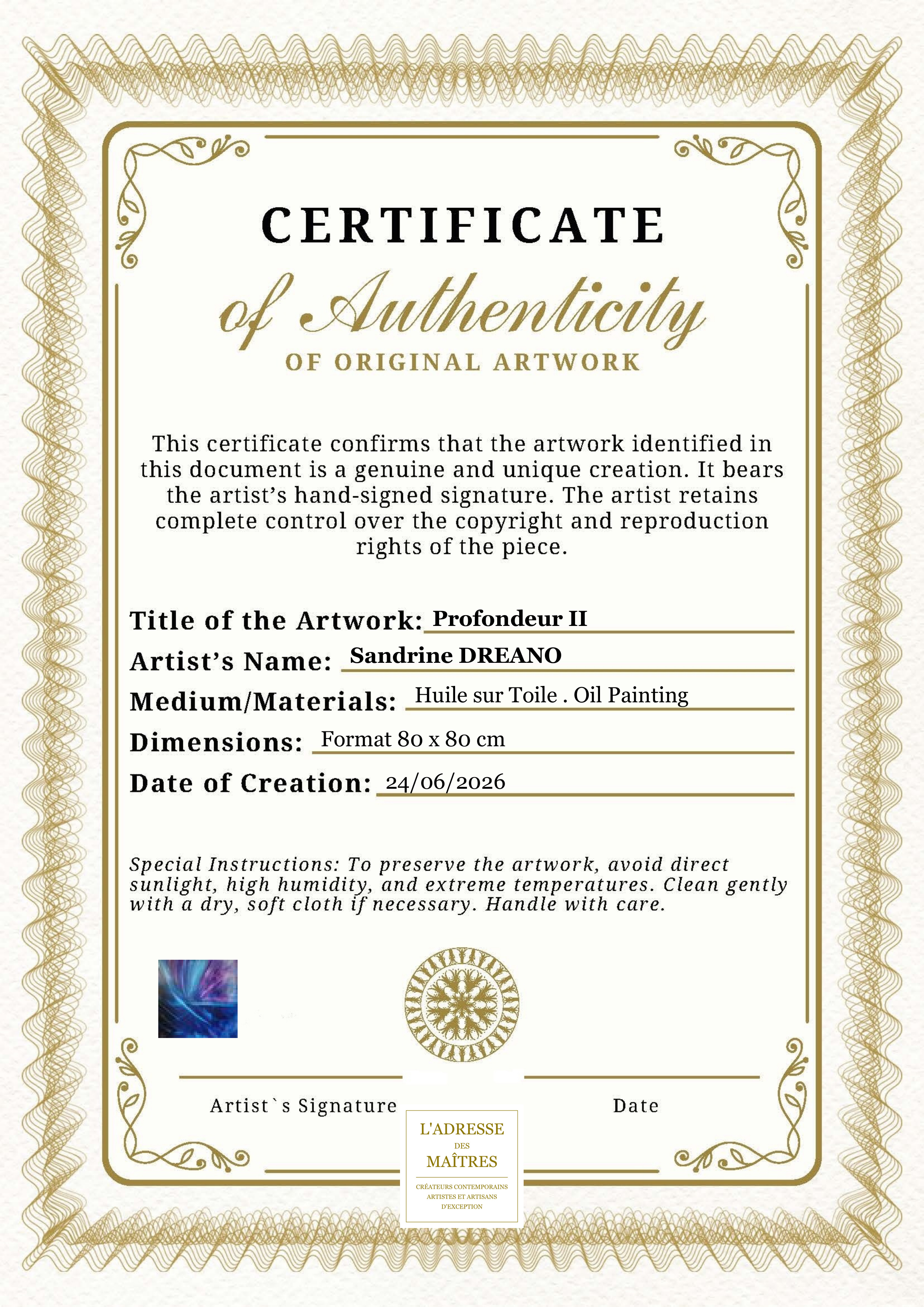 Certificat d'authenticité — Profondeur II — Sandrine DREANO