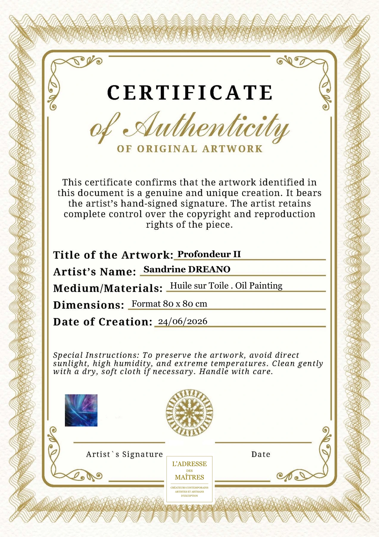 Certificat d'authenticité - Profondeur II - Sandrine DREANO