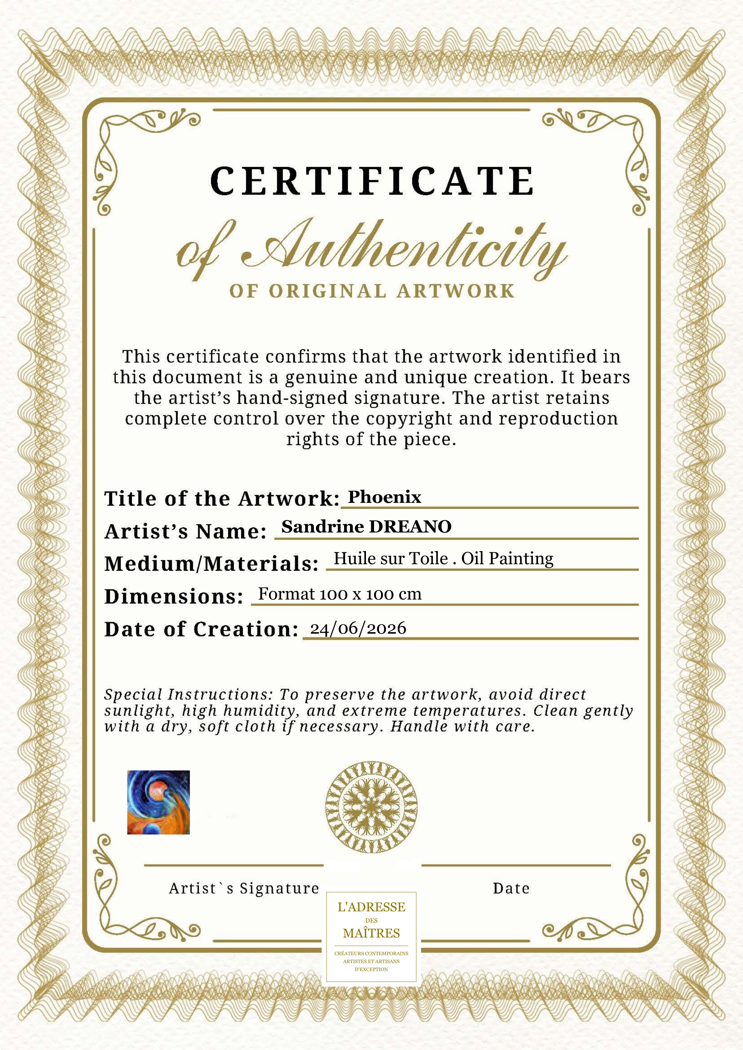 Certificat d'authenticité — Phoenix — Sandrine DREANO
