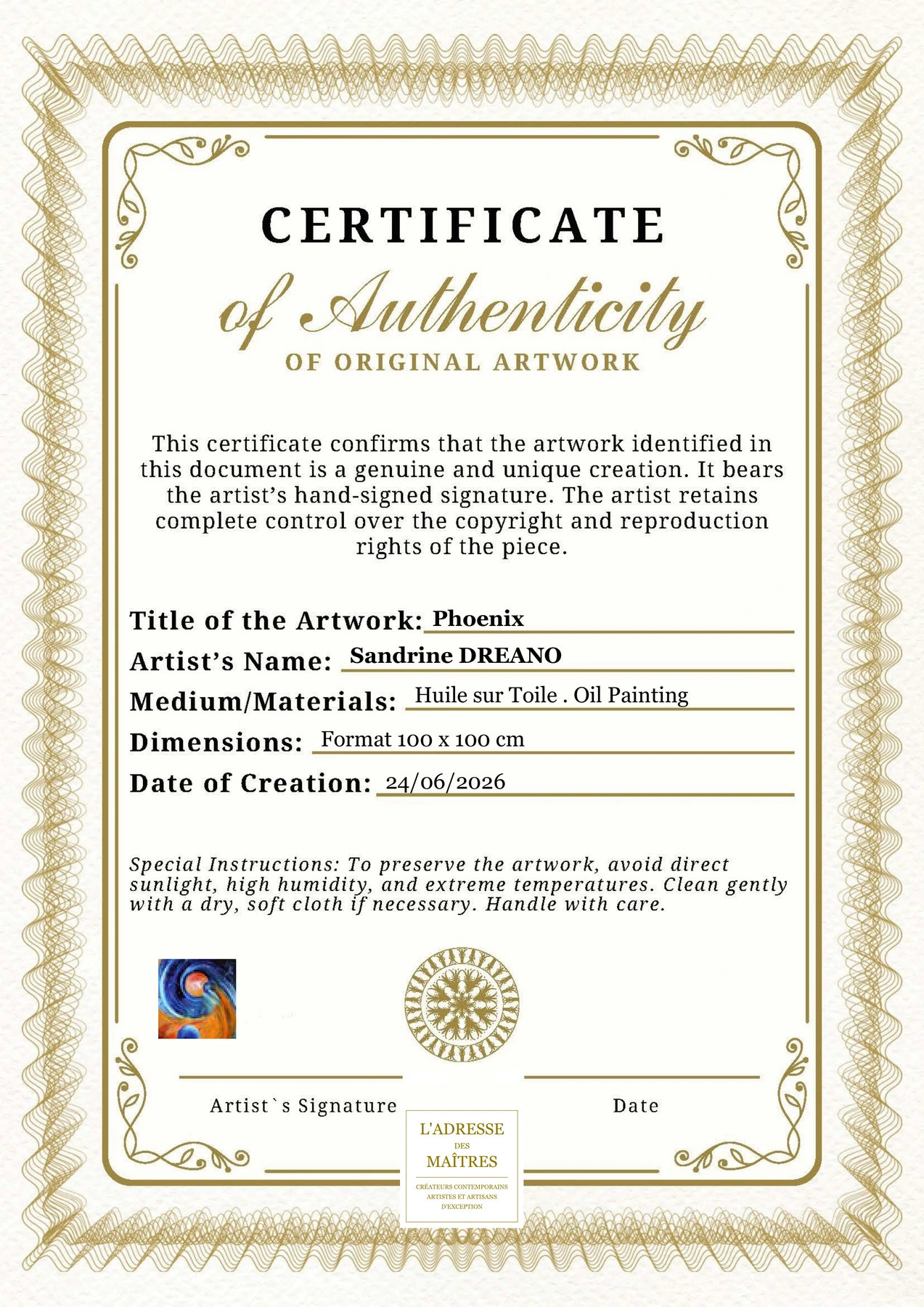 Certificat d'authenticité - Phoenix - Sandrine DREANO