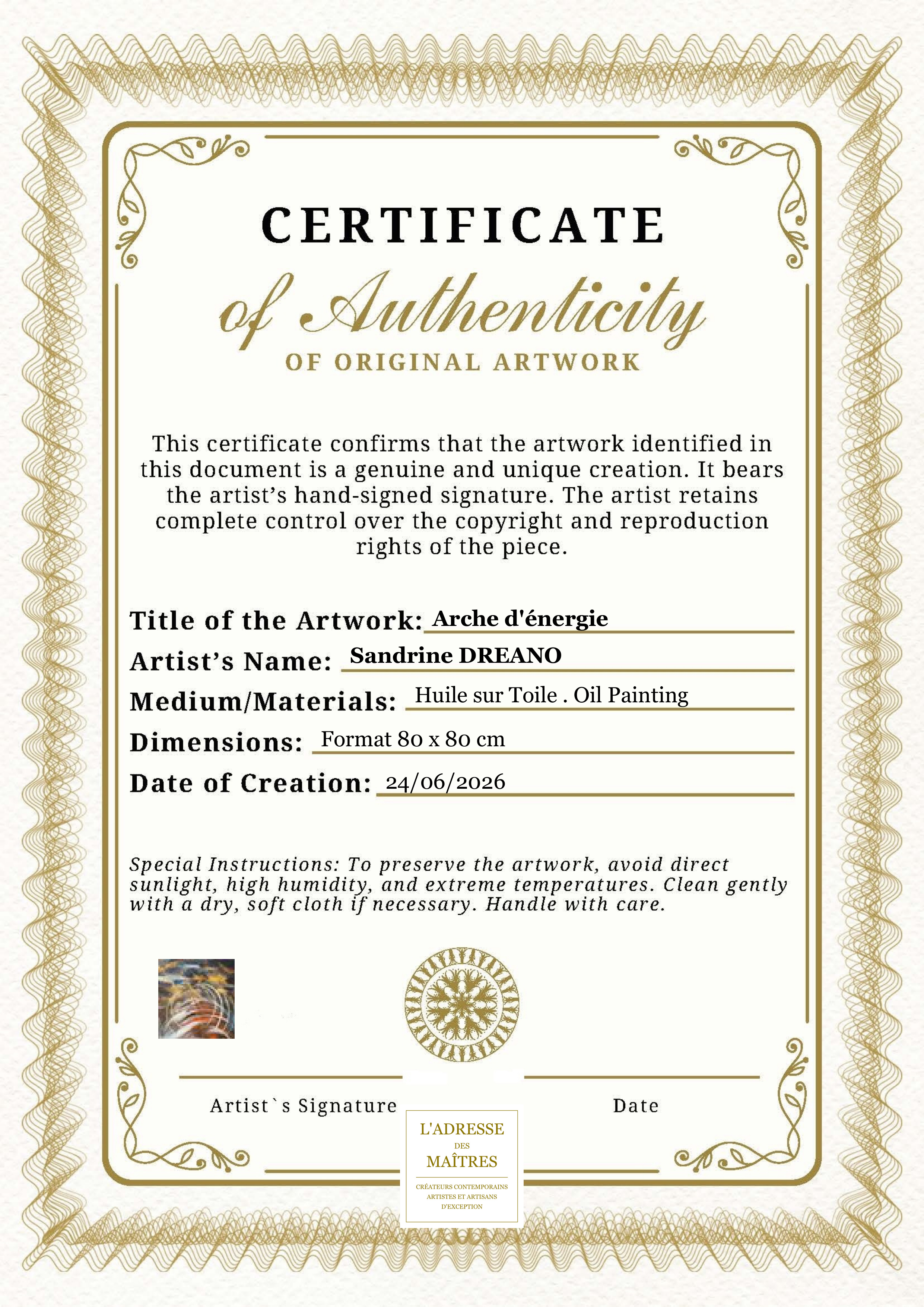 Certificat d'authenticité — Arche d'énergie — Sandrine DREANO