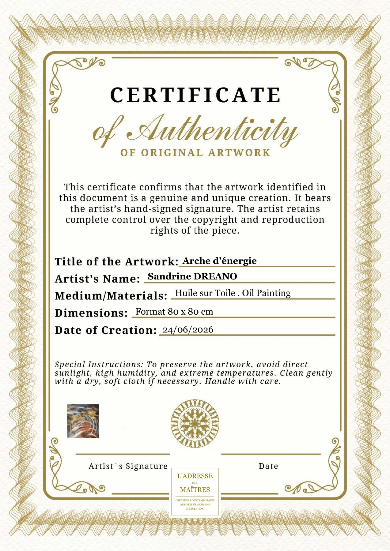 Certificat d'authenticité - Arche d'énergie - Sandrine DREANO