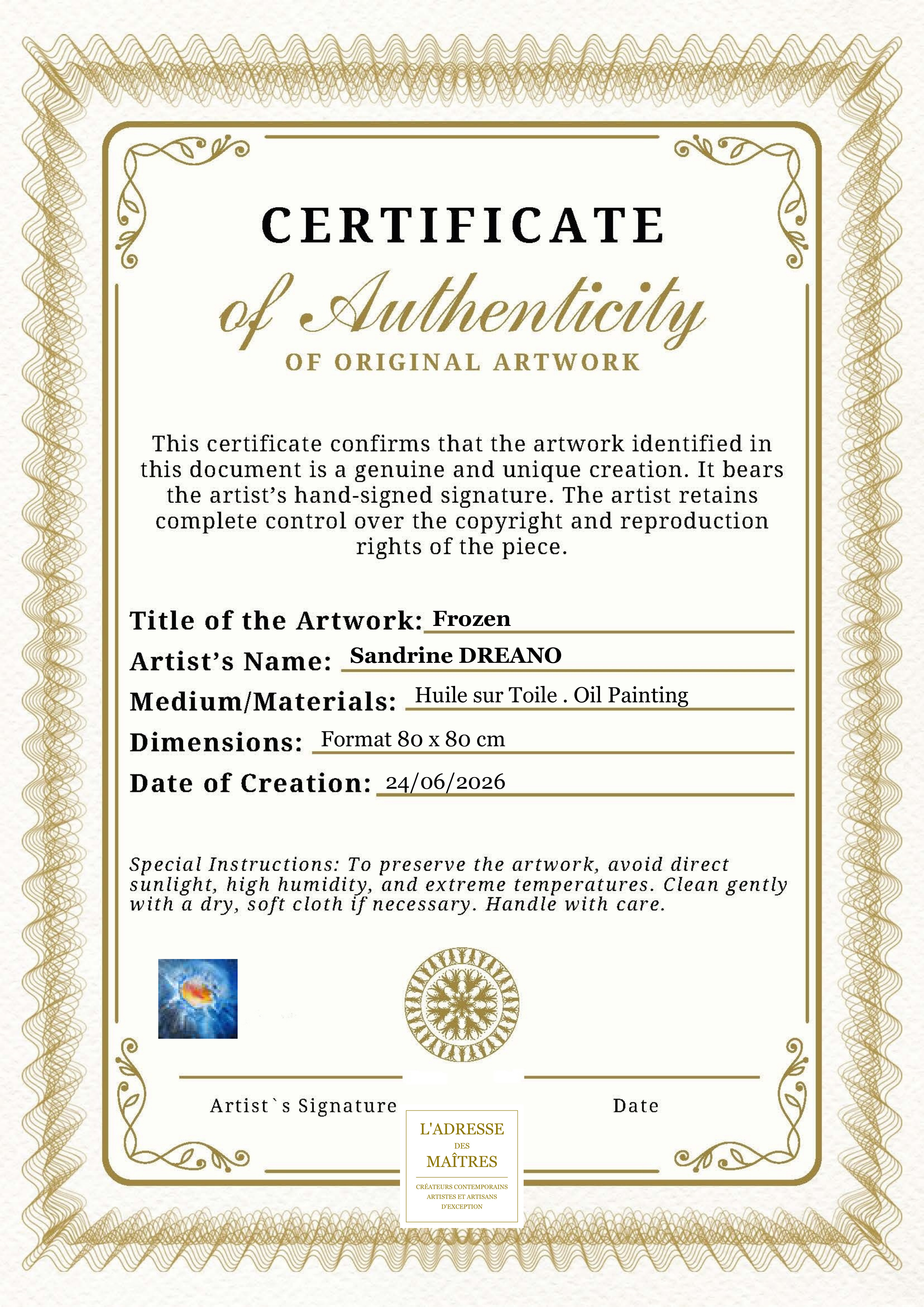 Certificat d'authenticité — Frozen — Sandrine DREANO
