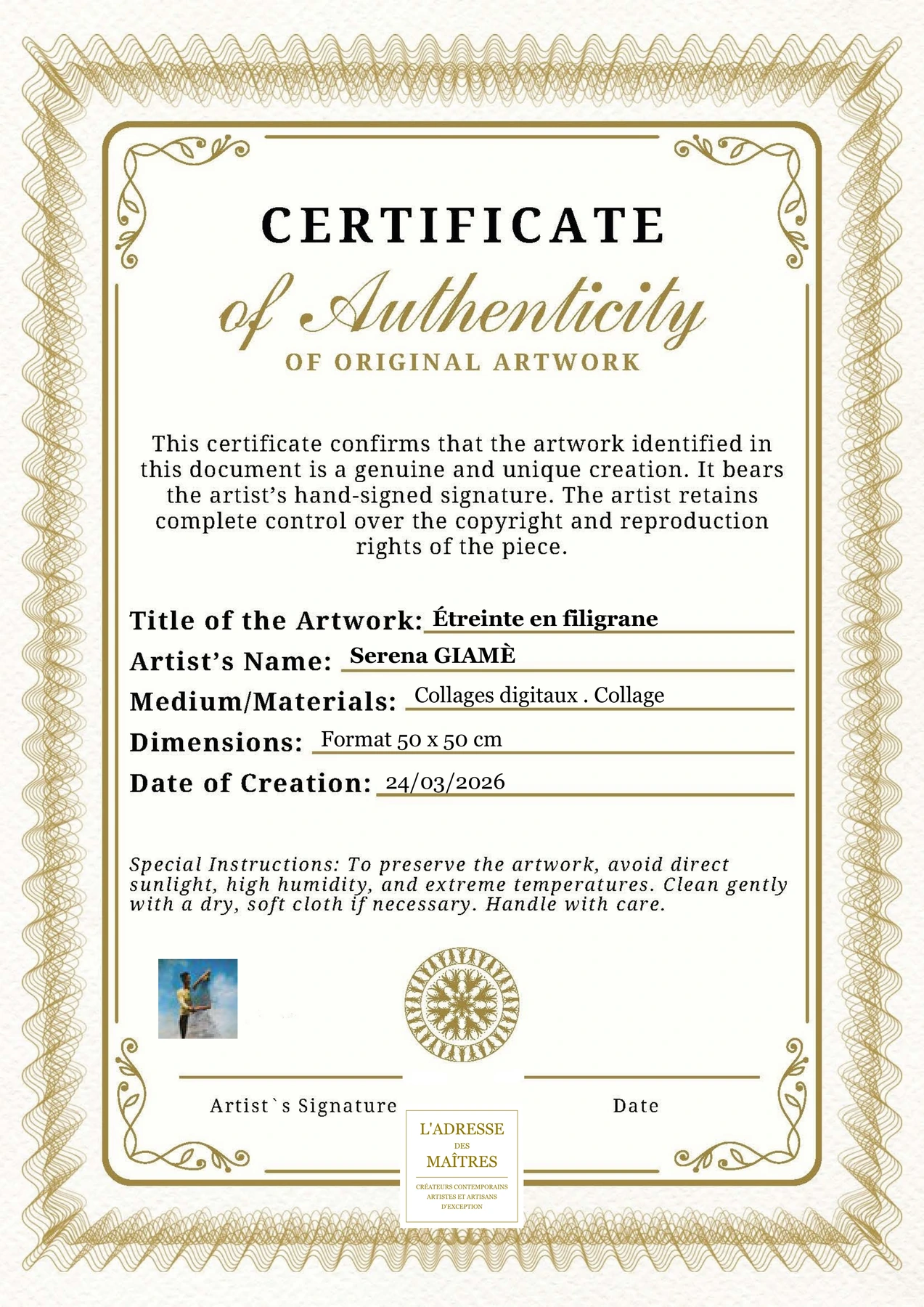 Certificat d'authenticité - Étreinte en filigrane - Serena GIAMÈ