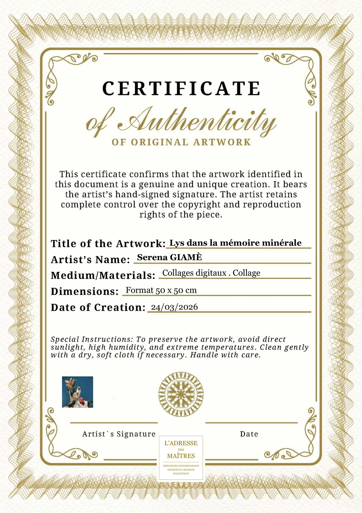 Certificat d'authenticité - Lys dans la mémoire minérale - Serena GIAMÈ