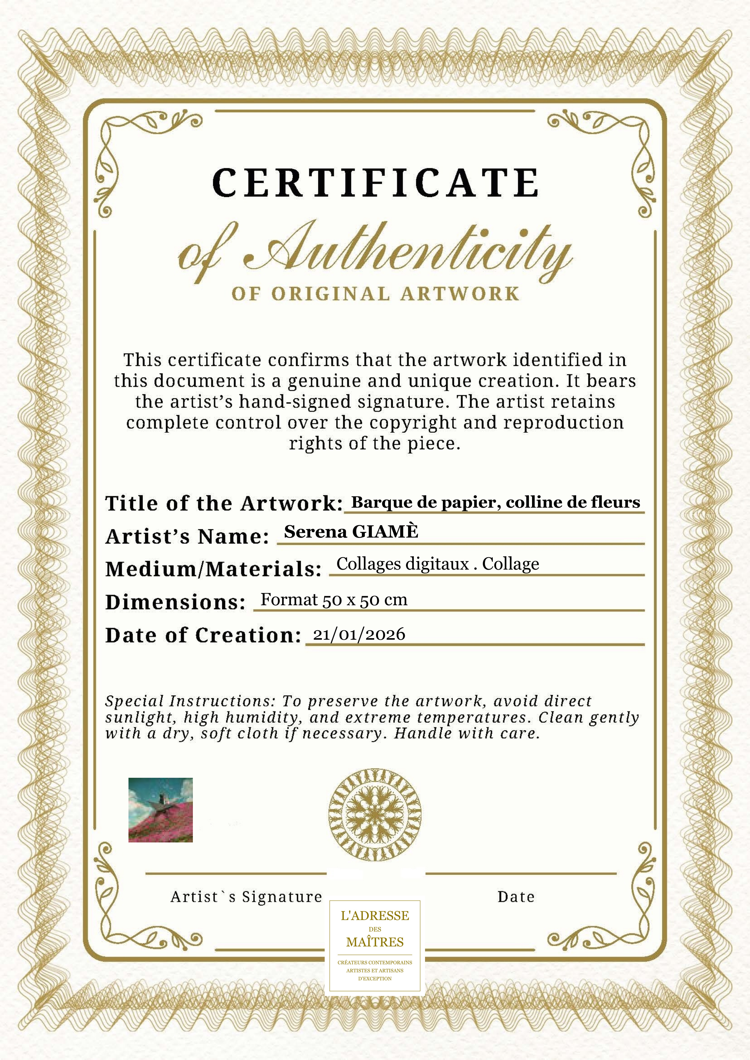 Certificat d'authenticité — Barque de papier, colline de fleurs — Serena GIAMÈ