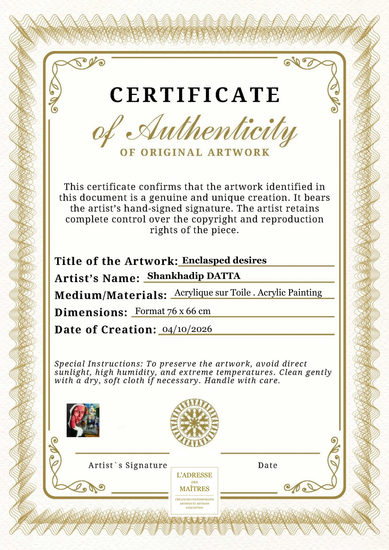 Certificat d'authenticité - Enclasped desires - Shankhadip DATTA