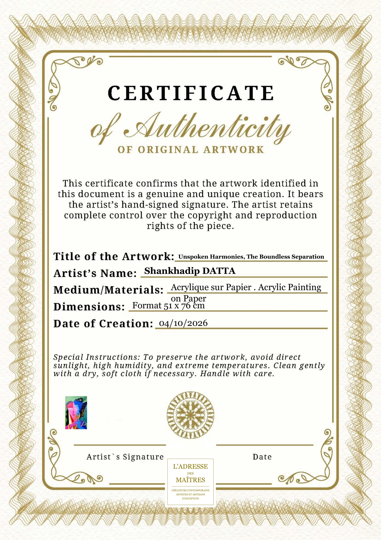 Certificat d'authenticité - Unspoken Harmonies, The Boundless Separation - Shankhadip DATTA