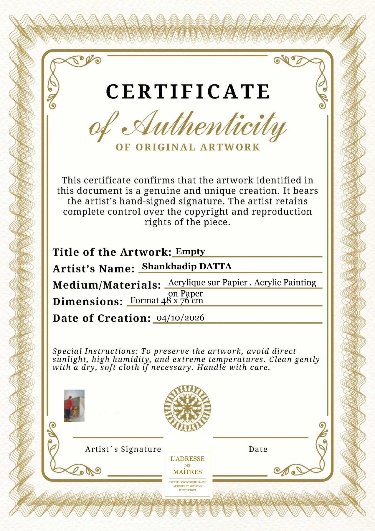 Certificat d'authenticité - Empty - Shankhadip DATTA