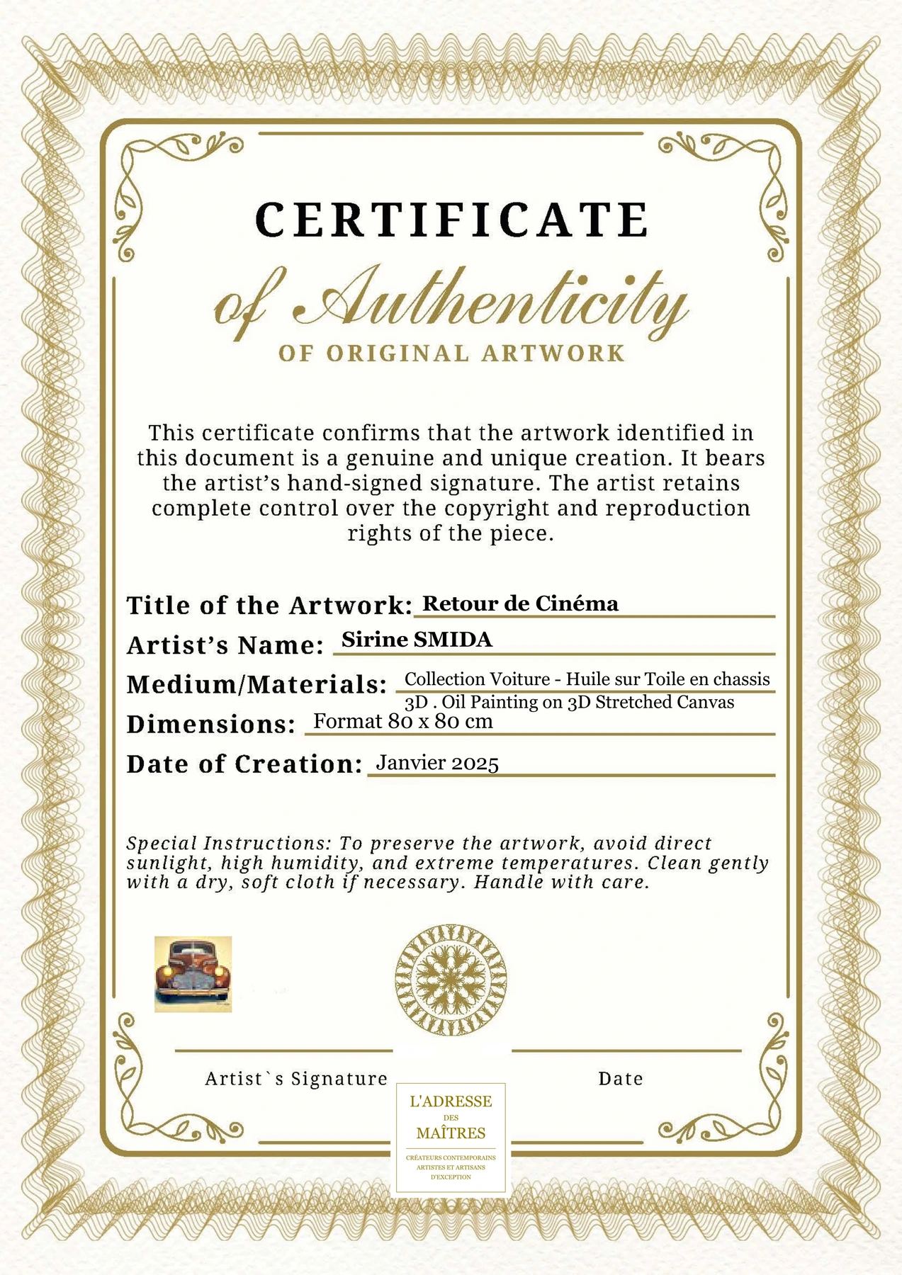 Certificat d'authenticité - Retour de Cinéma - Sirine SMIDA