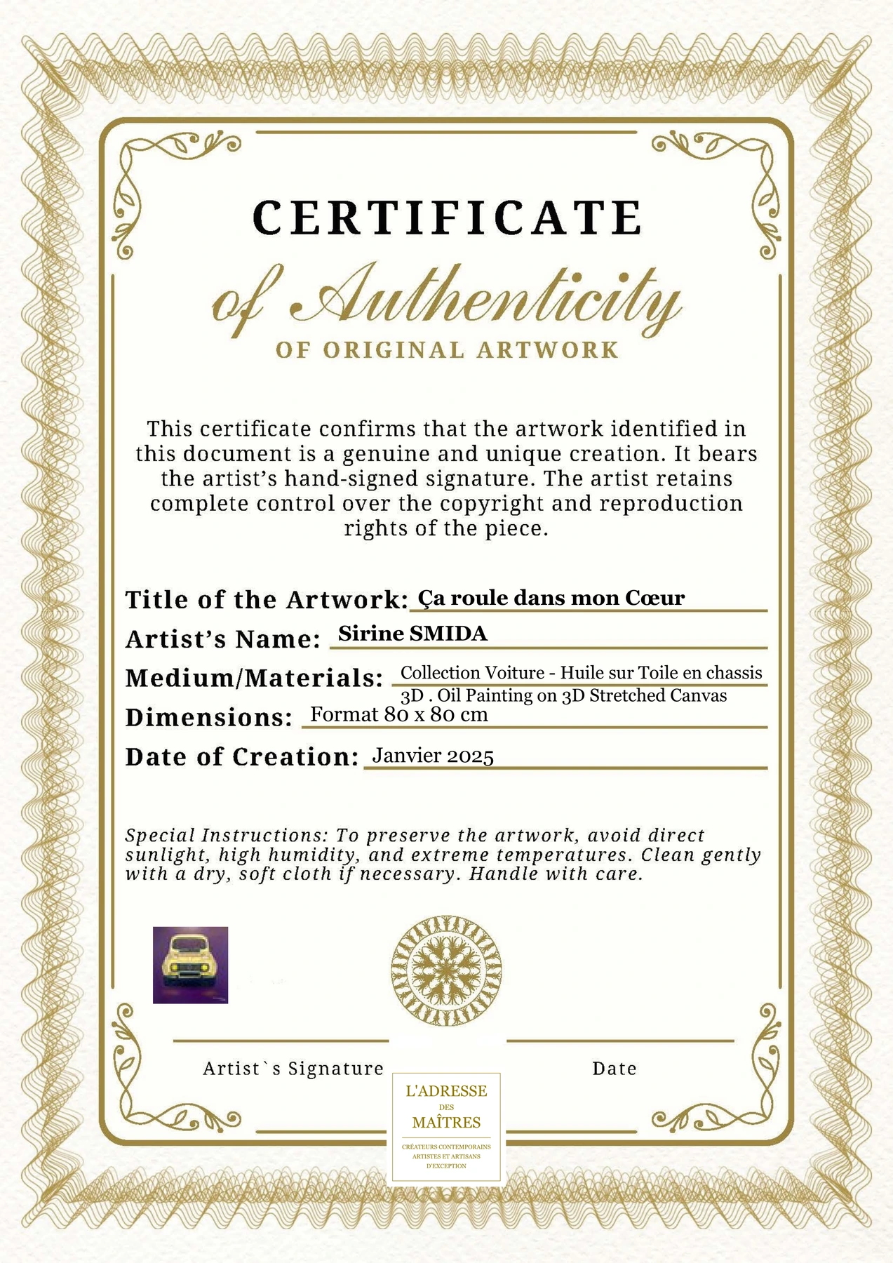 Certificat d'authenticité - Ça roule dans mon Cœur - Sirine SMIDA