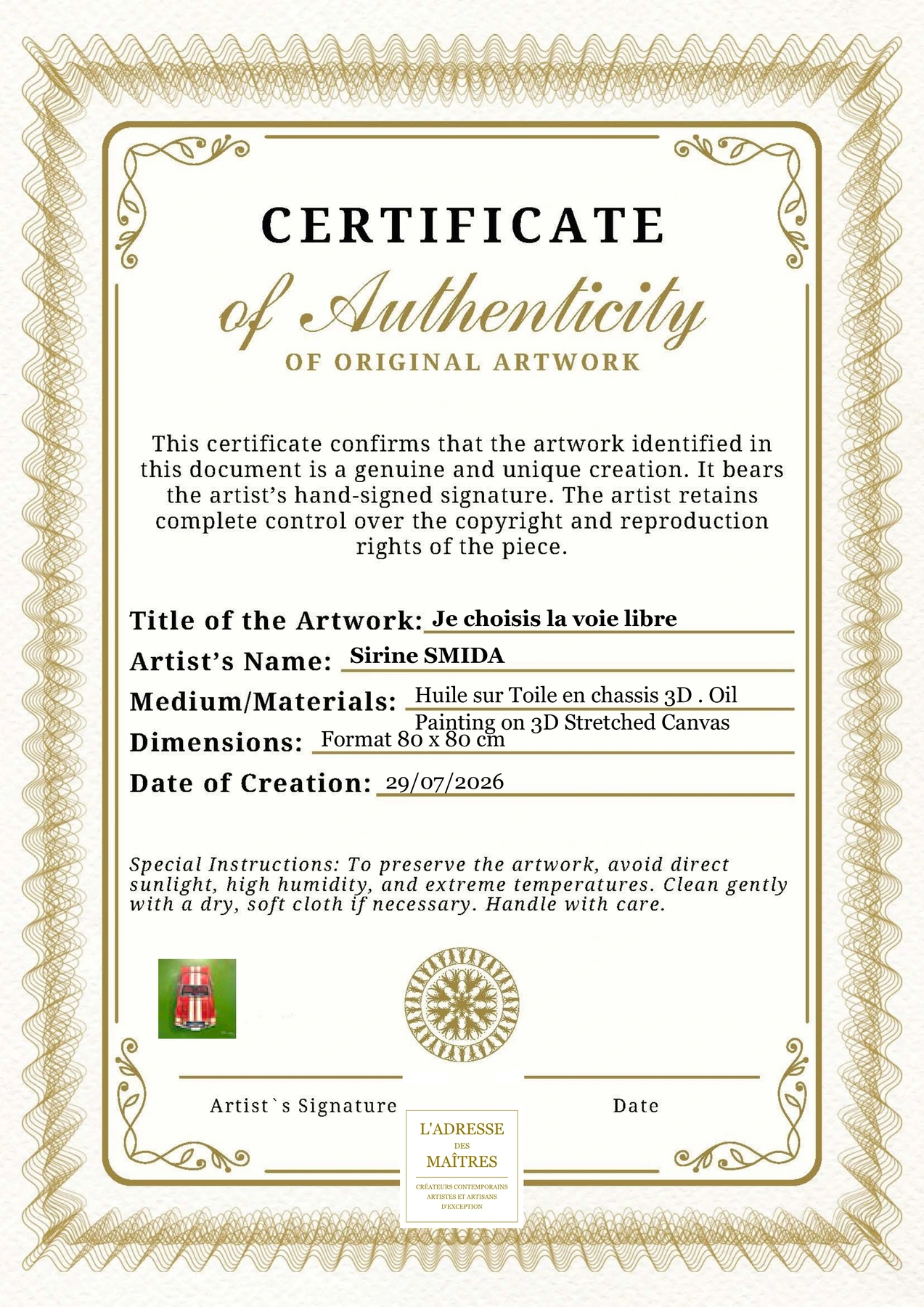 Certificat d'authenticité — Je choisis la voie libre — Sirine SMIDA