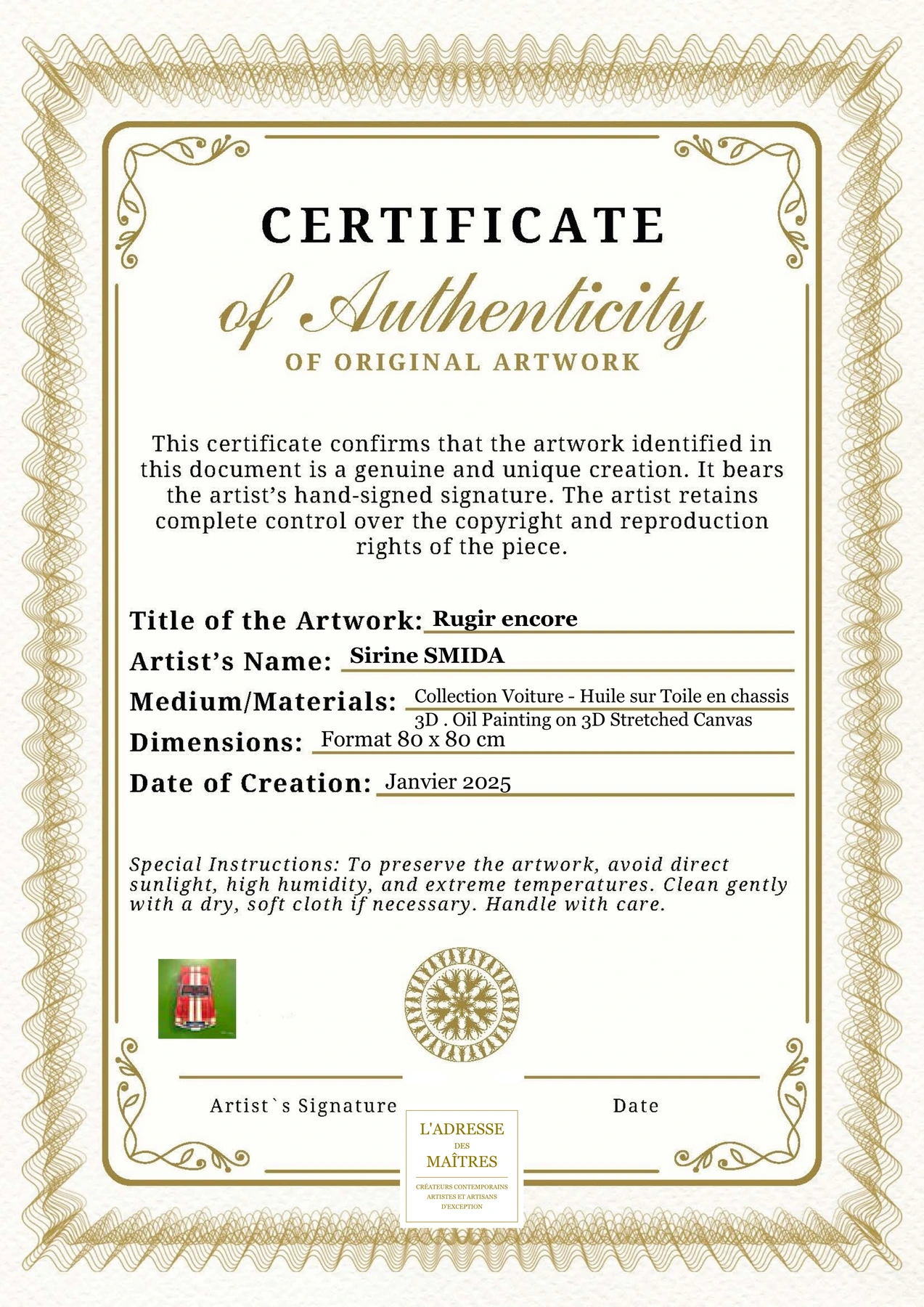Certificat d'authenticité - Rugir encore - Sirine SMIDA