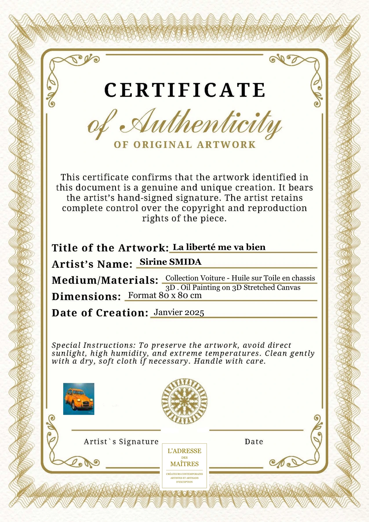 Certificat d'authenticité - La liberté me va bien - Sirine SMIDA